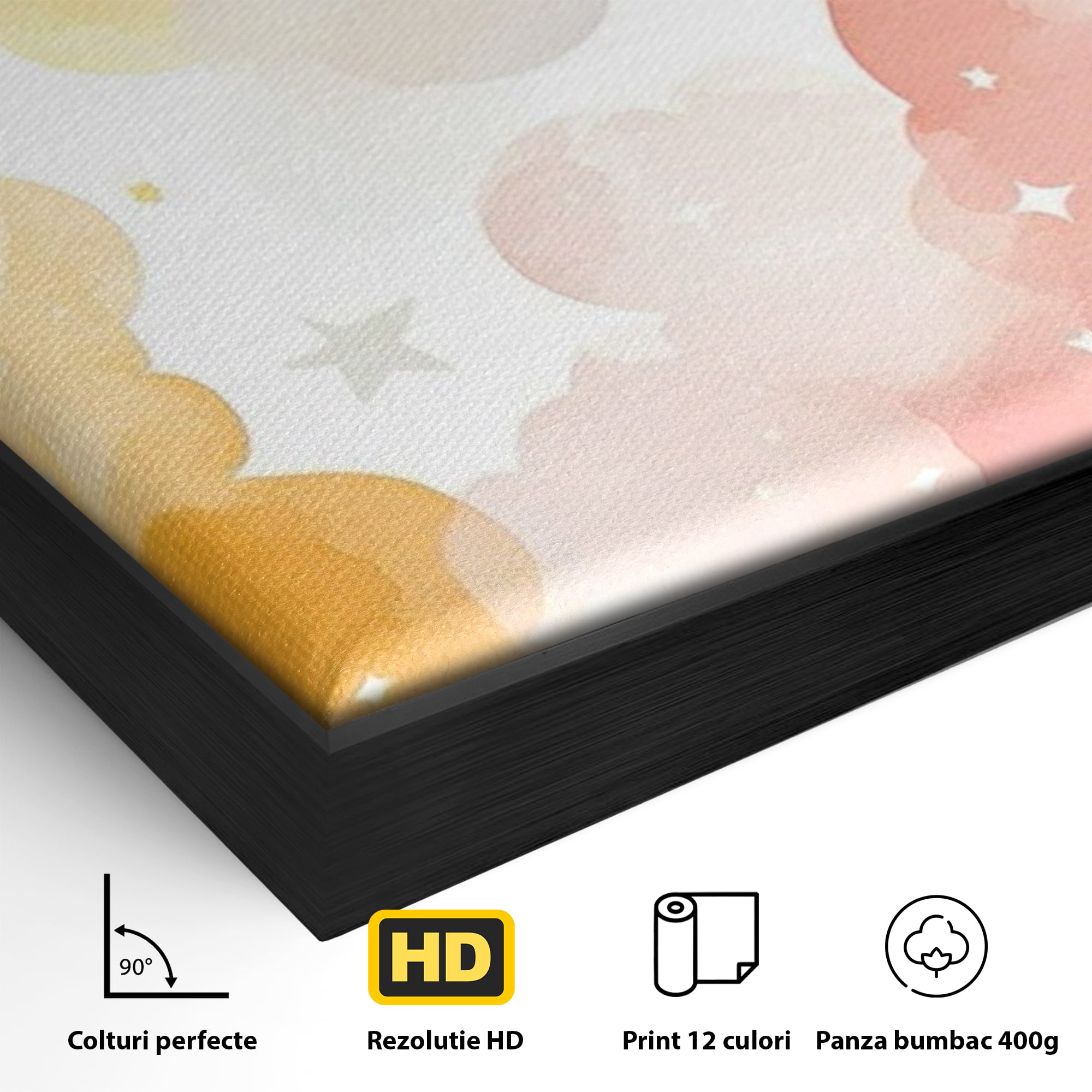 Detaliu al suprafetei: ilustratie canvas cu nori si semiluni, in rama de aluminiu negru