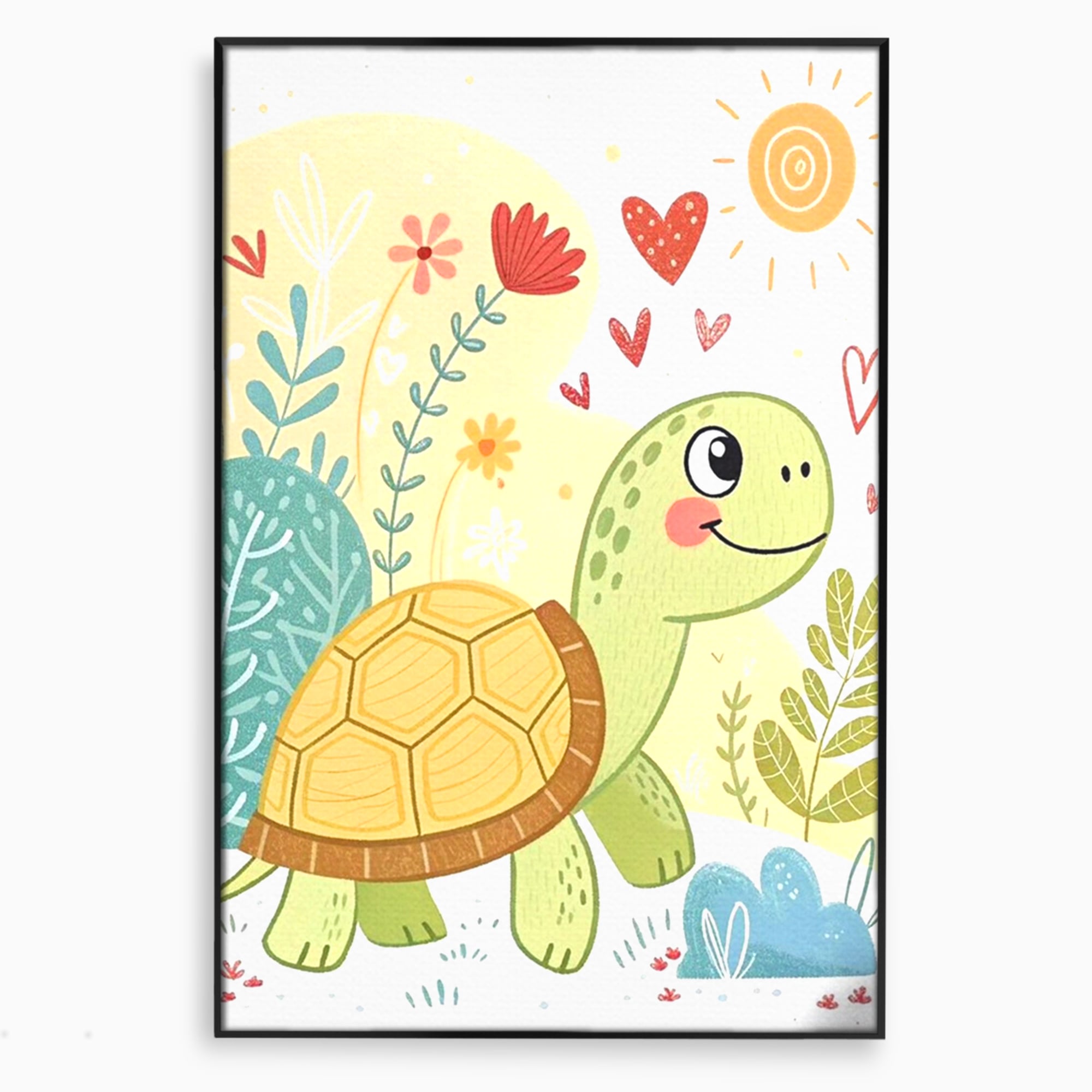 Tablou canvas cu ilustratie cu testoasa vesela printre flori, in rama de aluminiu negru