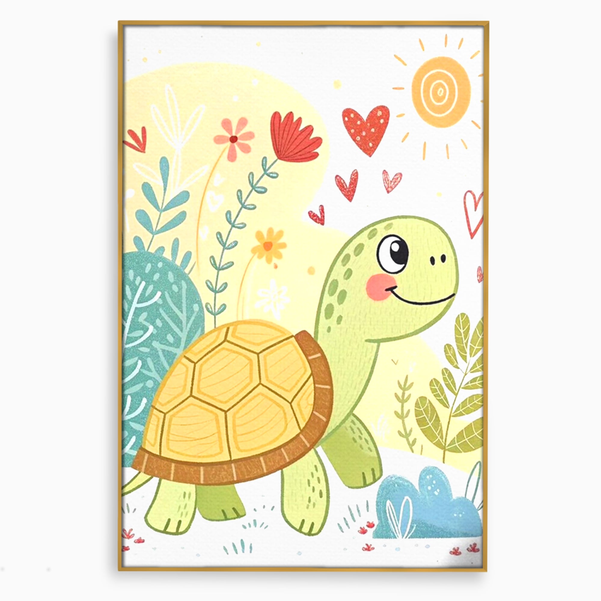 Tablou canvas cu ilustratie cu testoasa vesela printre flori, in rama de aluminiu auriu