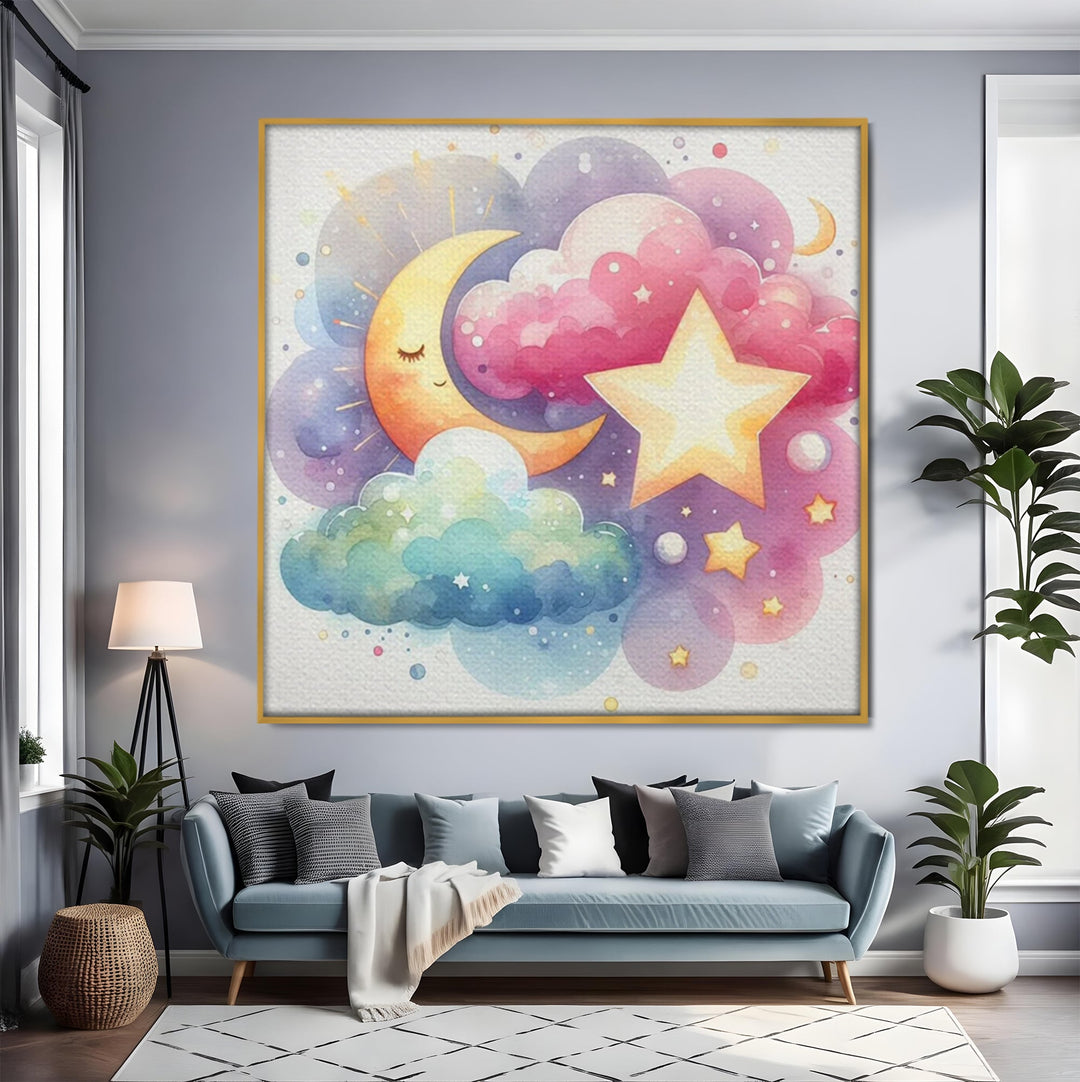 Tablou canvas cu ilustratie acuarela cu luna si stea, in rama de aluminiu auriu, pe perete intr-un living