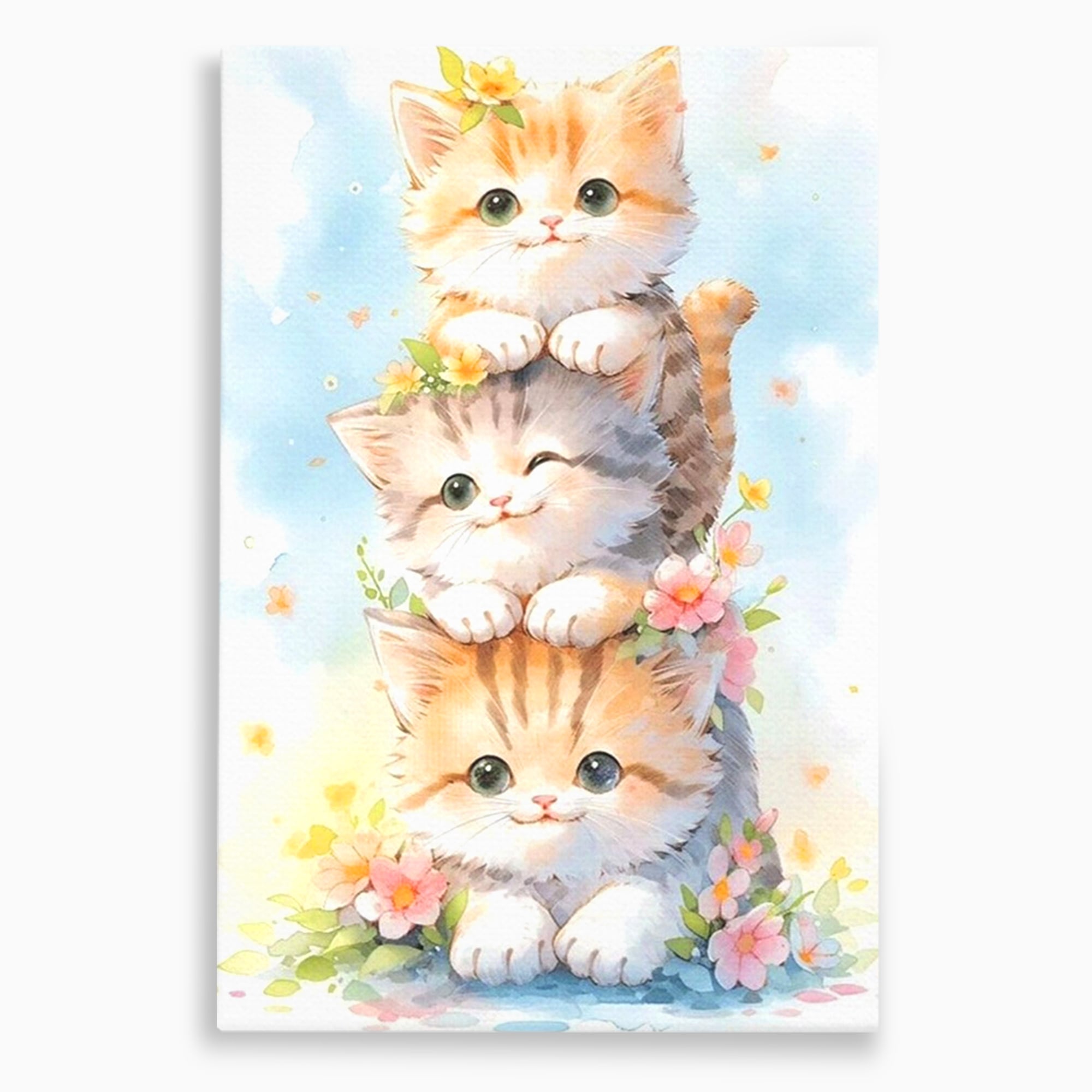 Tablou canvas cu turn vertical cu trei pisicute pufoase, fara rama, pe sasiu de lemn