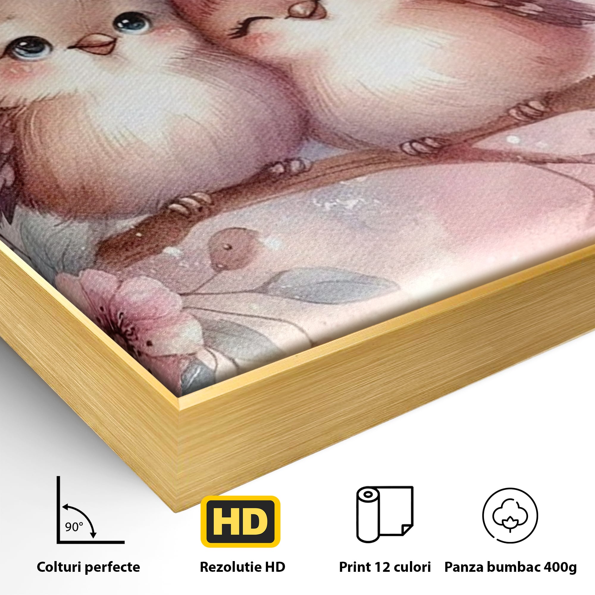 Detaliu al suprafetei: tablou canvas cu pasarele si inimioare, in rama de aluminiu auriu