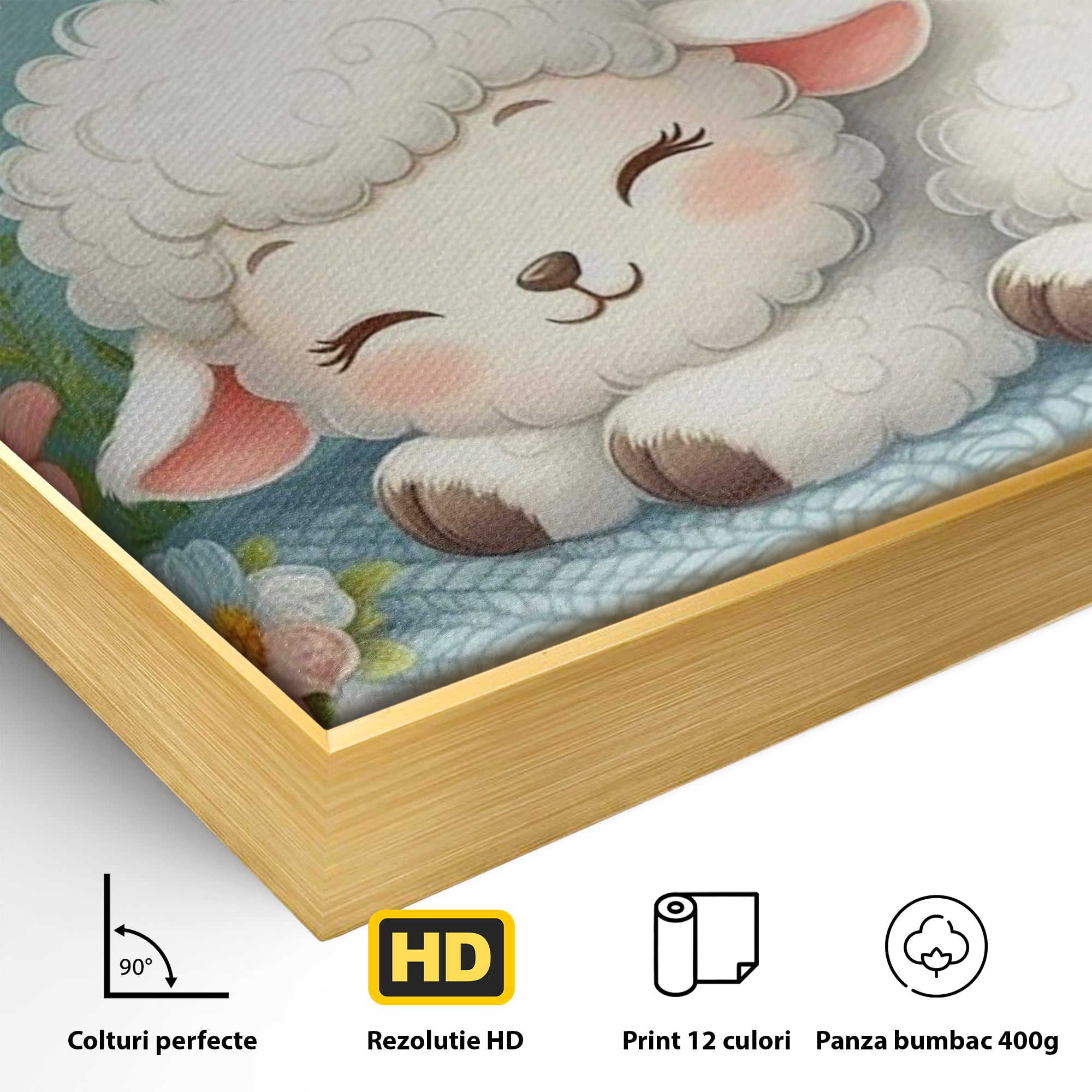 Detaliu al suprafetei: tablou canvas cu mielusel si pasarele, in rama de aluminiu auriu