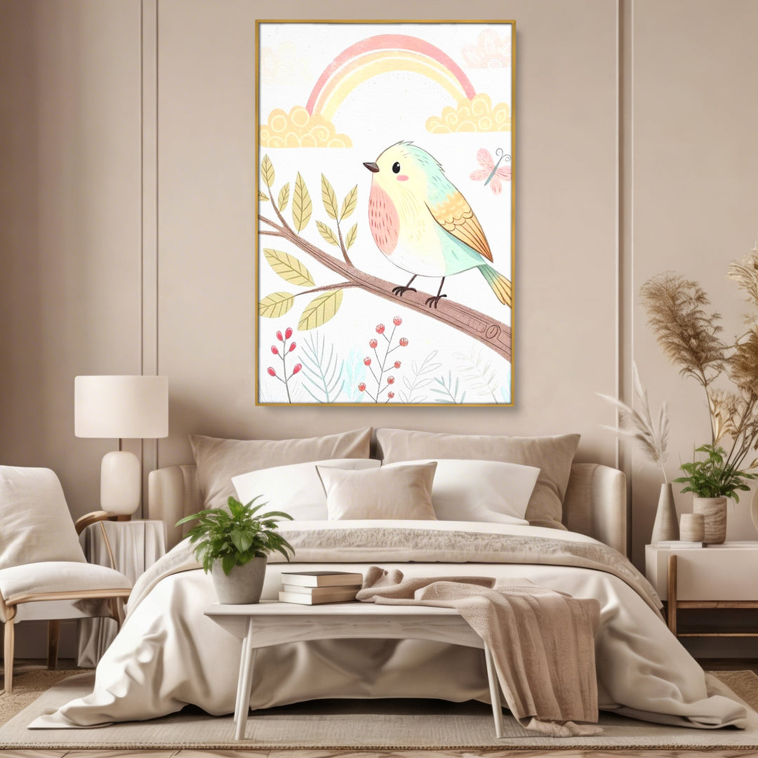 Tablou canvas cu tablou canvas cu pasare pe ramura, in rama de aluminiu auriu, pe perete intr-un dormitor