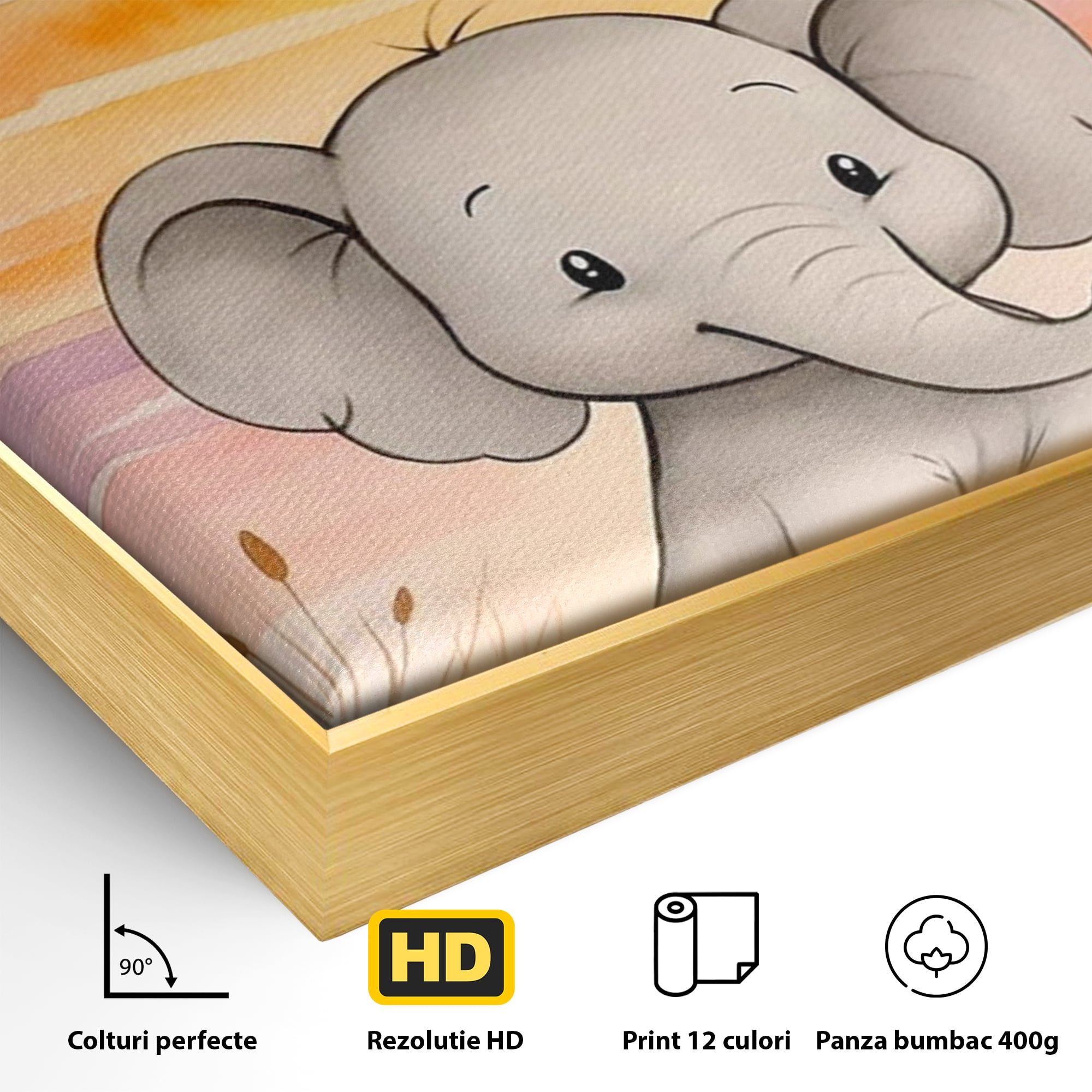 Detaliu al suprafetei: tablou canvas cu un elefantel acuarela, in rama de aluminiu auriu