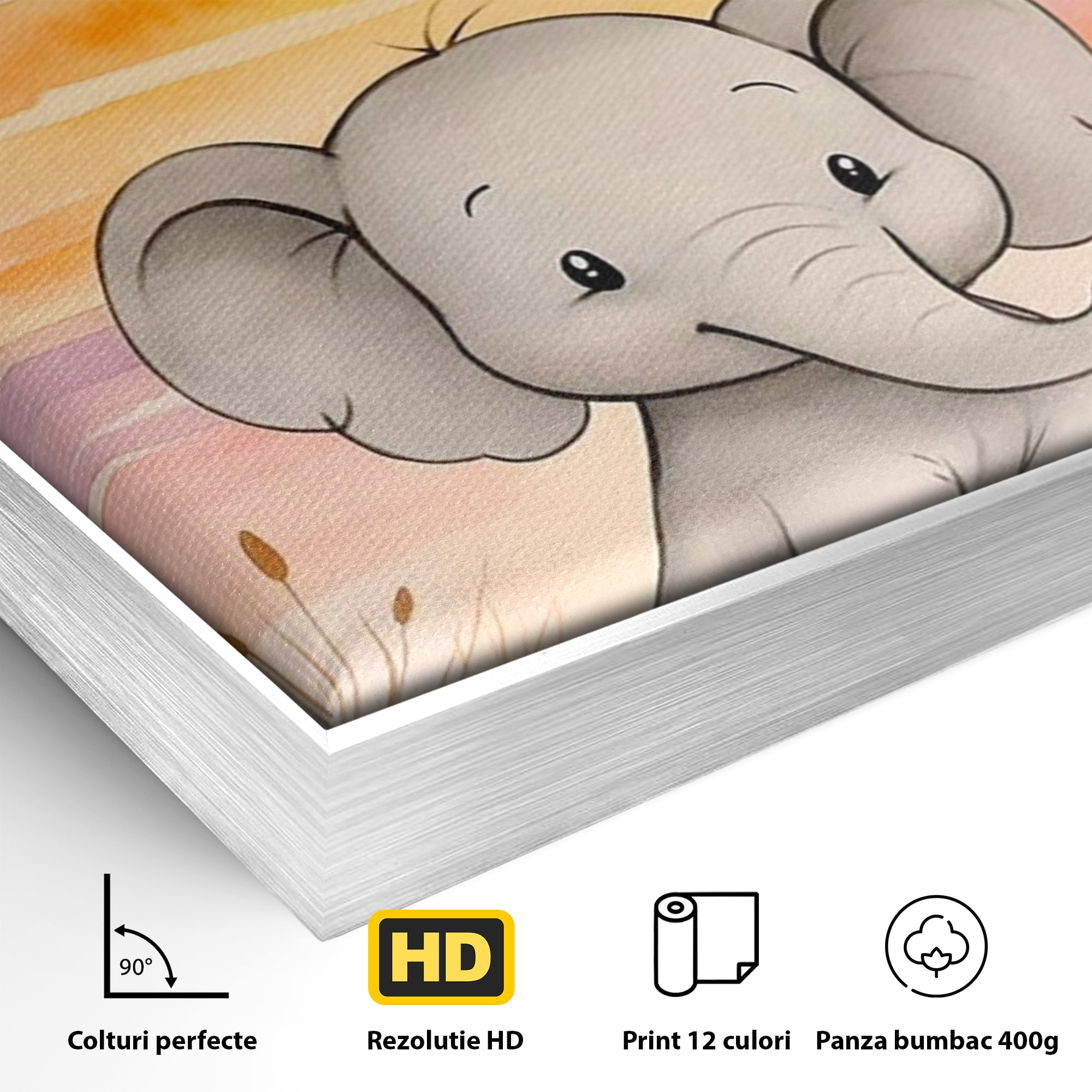 Detaliu al suprafetei: tablou canvas cu un elefantel acuarela, in rama de aluminiu argintiu