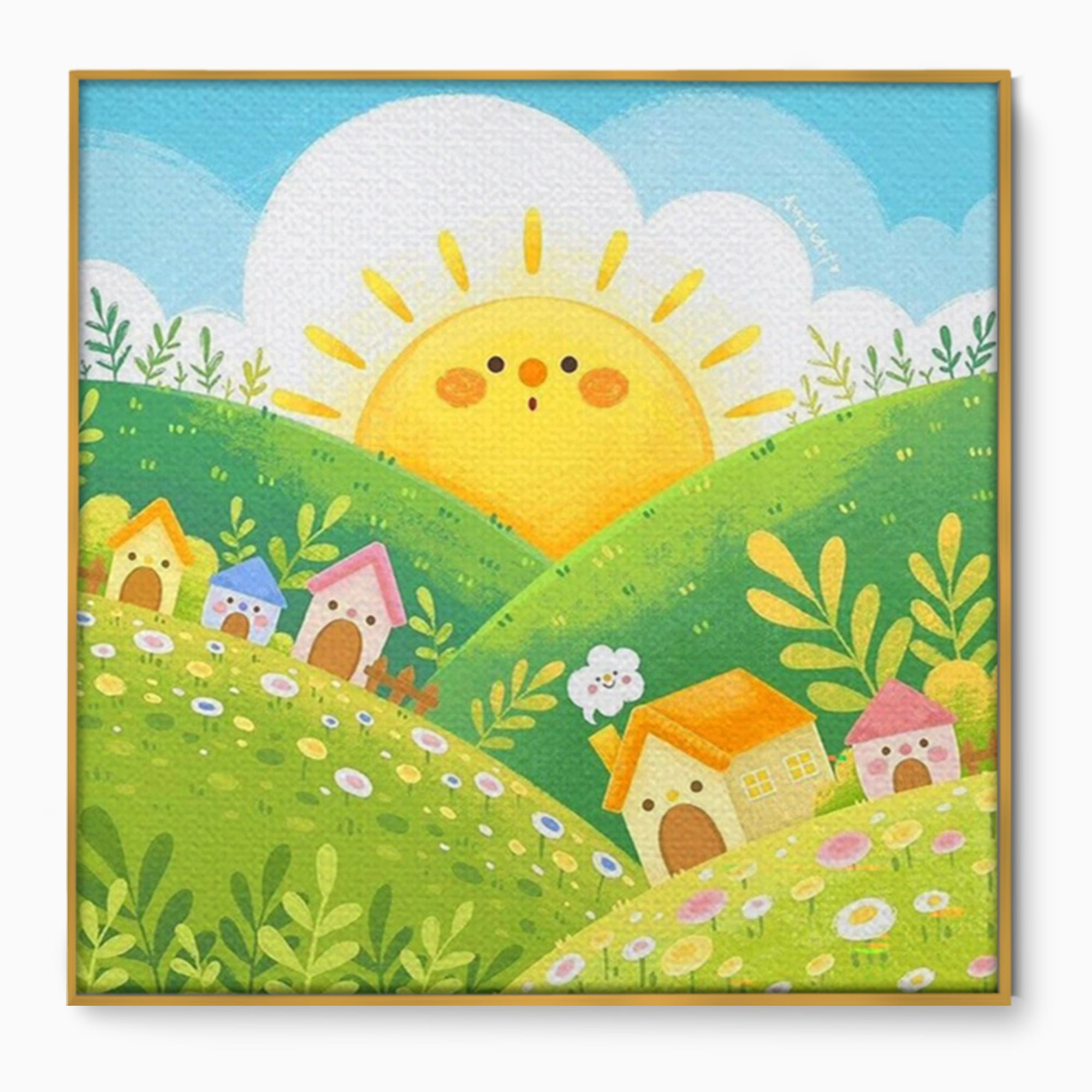 Tablou canvas cu ilustratie cu soare zambitor si casute, in rama de aluminiu auriu