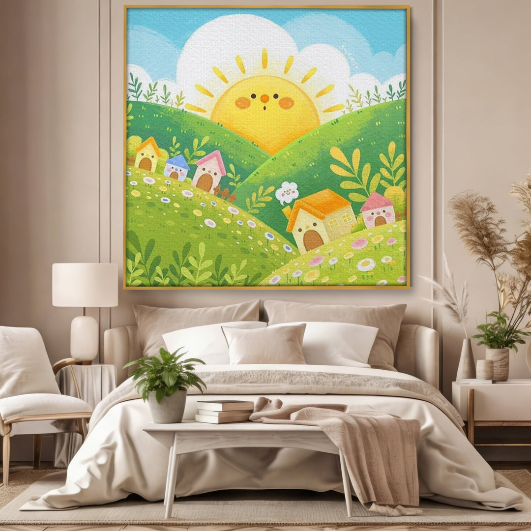 Tablou canvas cu ilustratie cu soare zambitor si casute, in rama de aluminiu auriu, pe perete intr-un dormitor