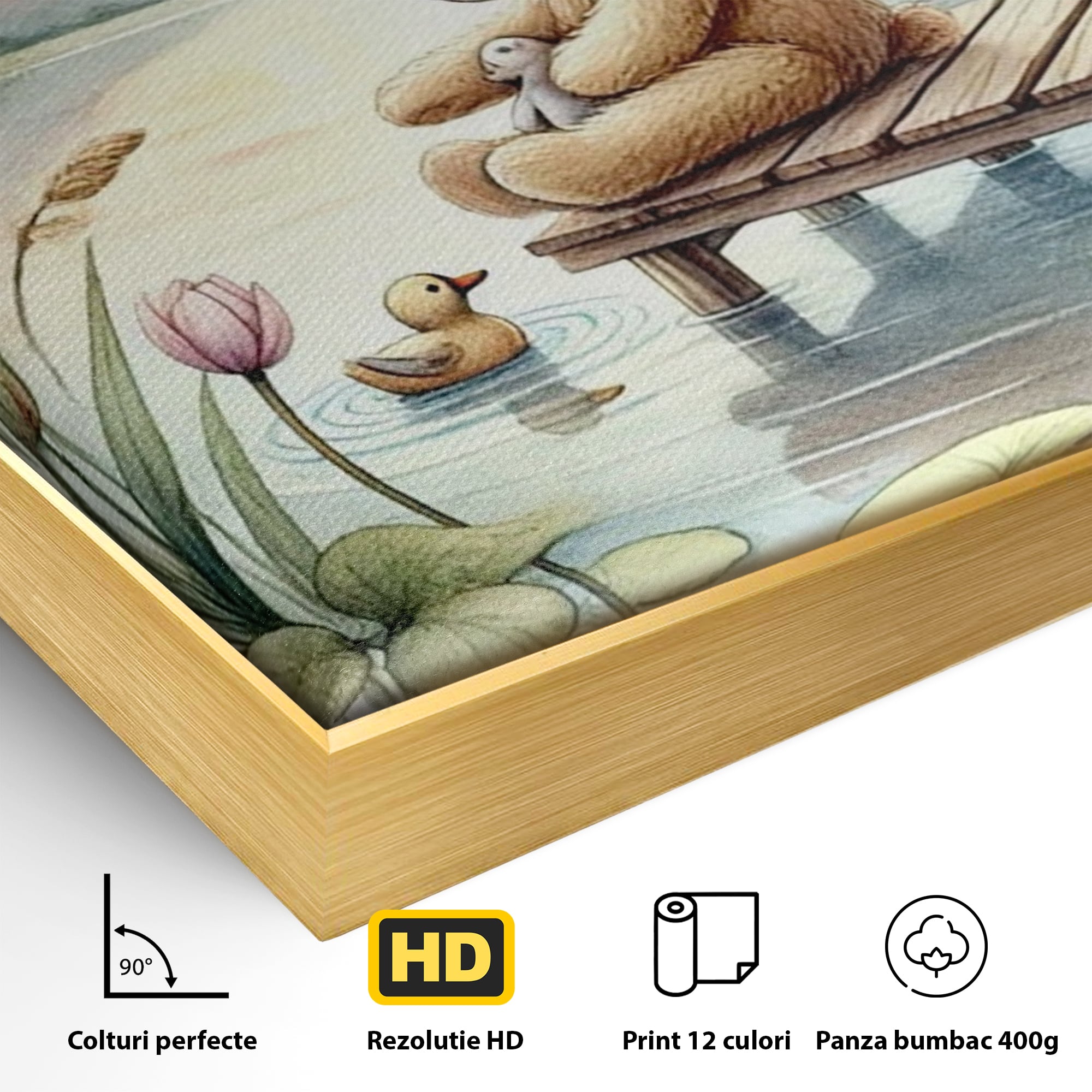 Detaliu al suprafetei: tablou canvas cu ursulet pe ponton, in rama de aluminiu auriu