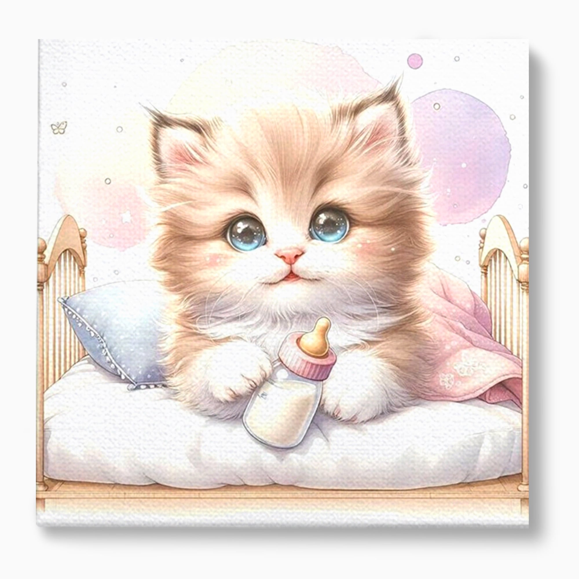 Tablou canvas cu ilustratie cu pisicuta pufoasa in patut, fara rama, pe sasiu de lemn