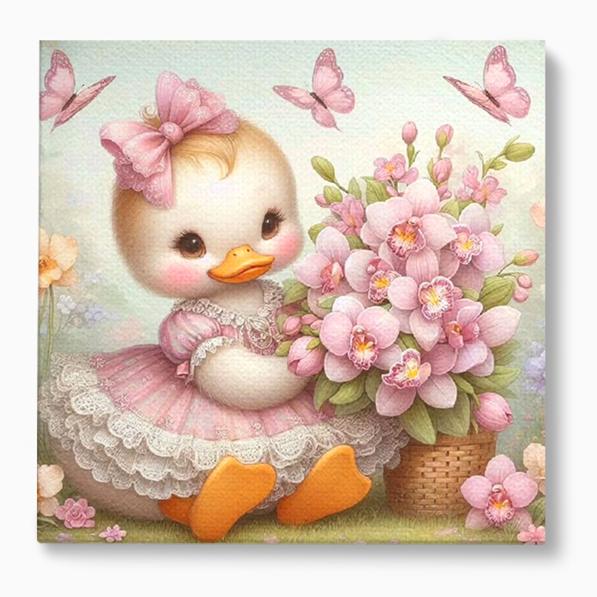 Tablou canvas cu ilustratie cu ratusca roz si fluturi, fara rama, pe sasiu de lemn
