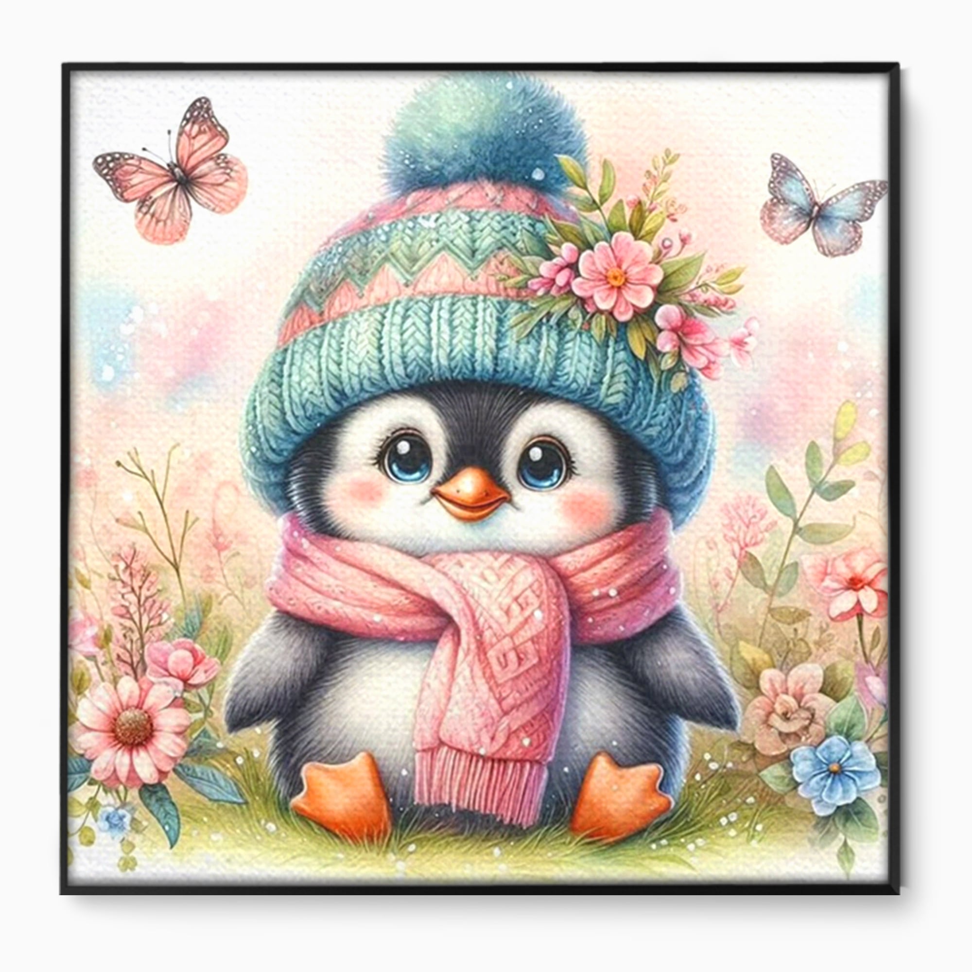 Tablou canvas cu pinguin ilustrat cu caciula si fular roz, in rama de aluminiu negru