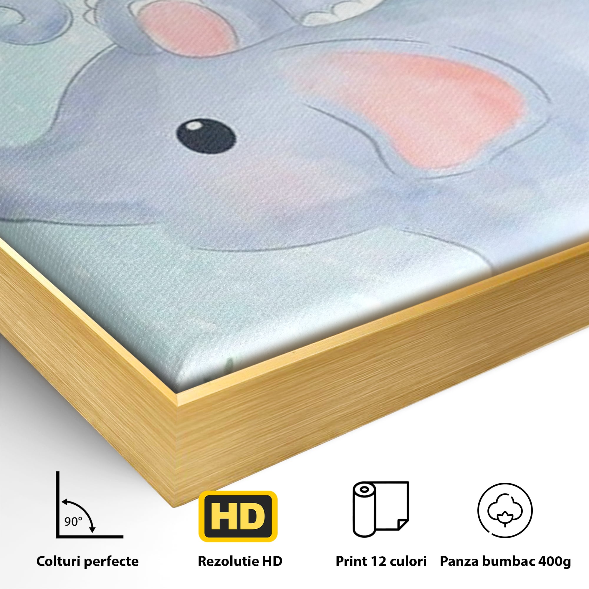 Detaliu al suprafetei: tablou canvas cu elefanti pastelati, in rama de aluminiu auriu