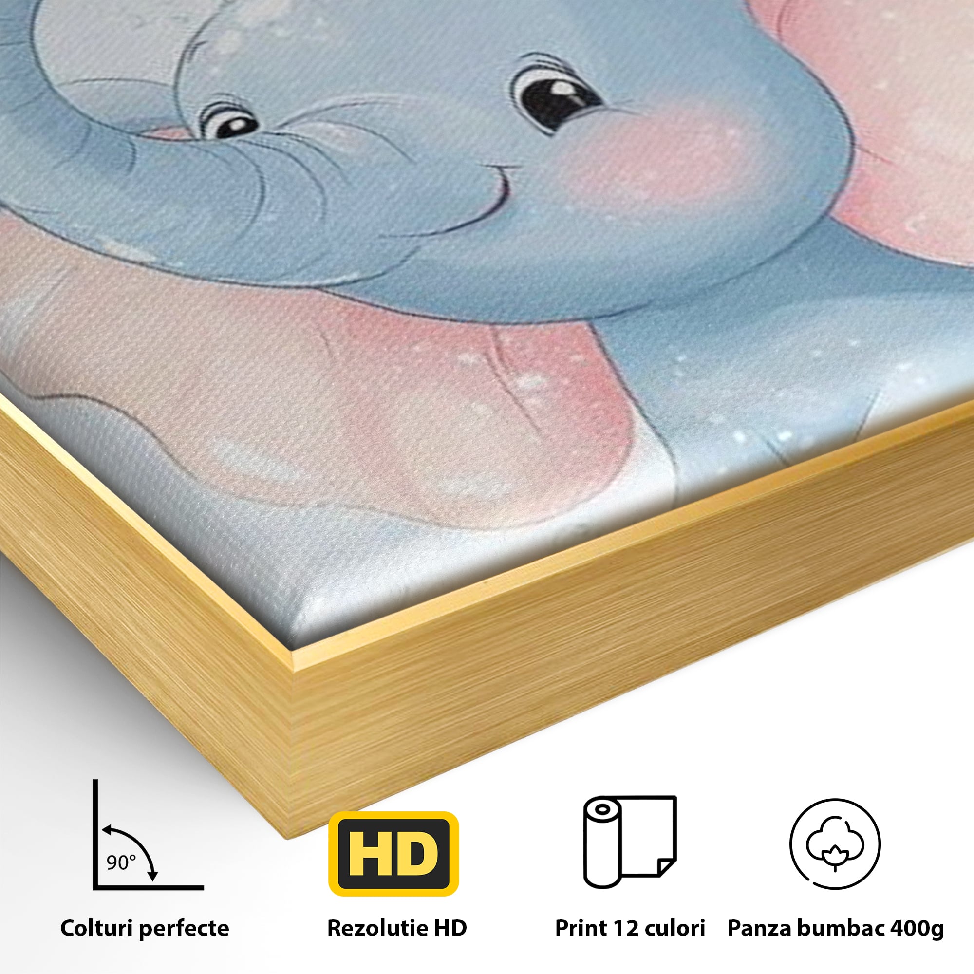 Detaliu al suprafetei: tablou canvas cu elefantelet albastru, in rama de aluminiu auriu