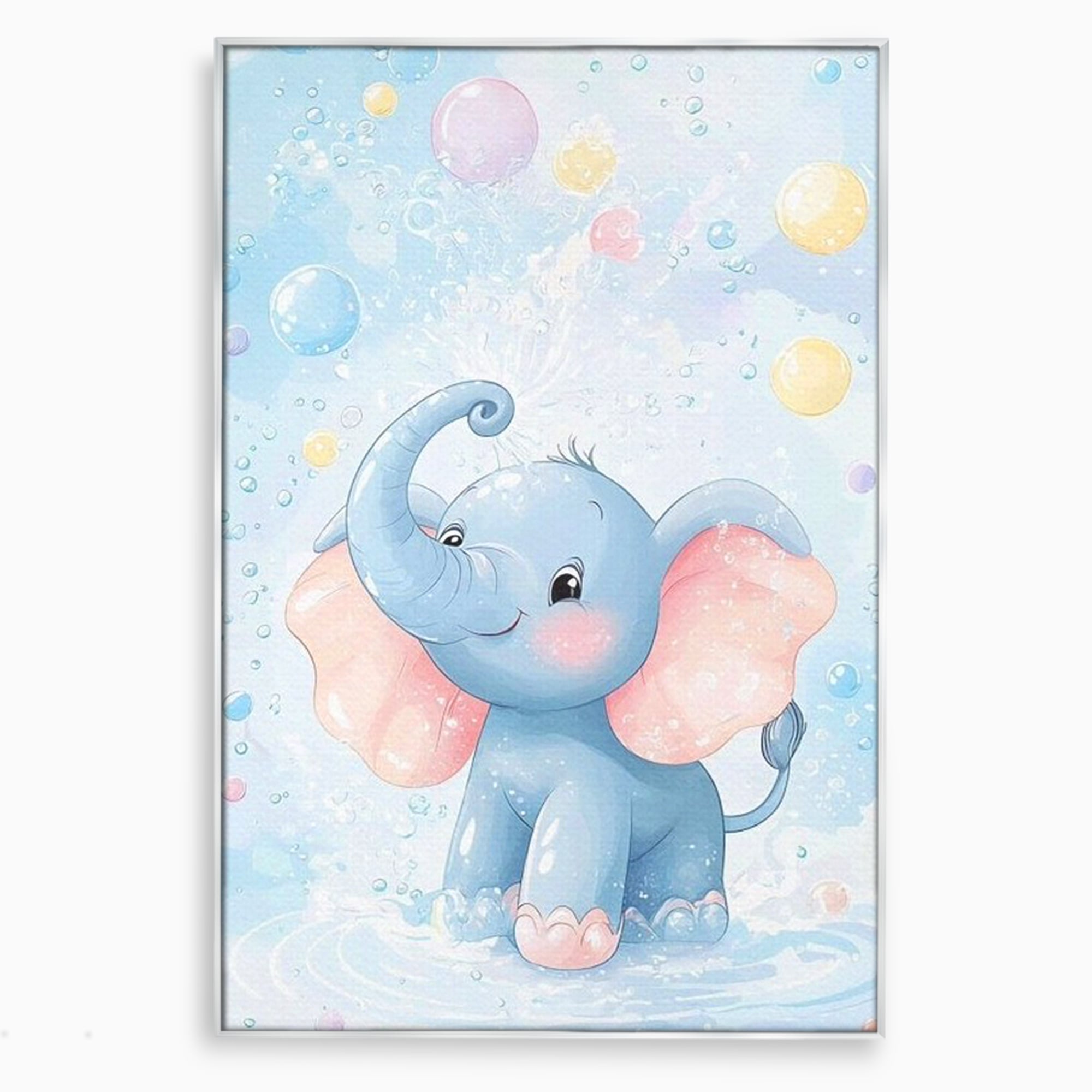Tablou canvas cu tablou canvas cu elefantelet albastru, in rama de aluminiu argintiu