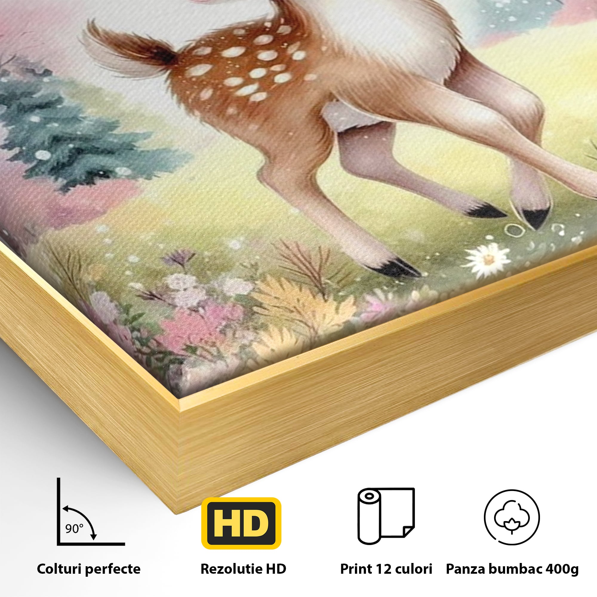 Detaliu al suprafetei: tablou canvas cu pui de caprioara, in rama de aluminiu auriu