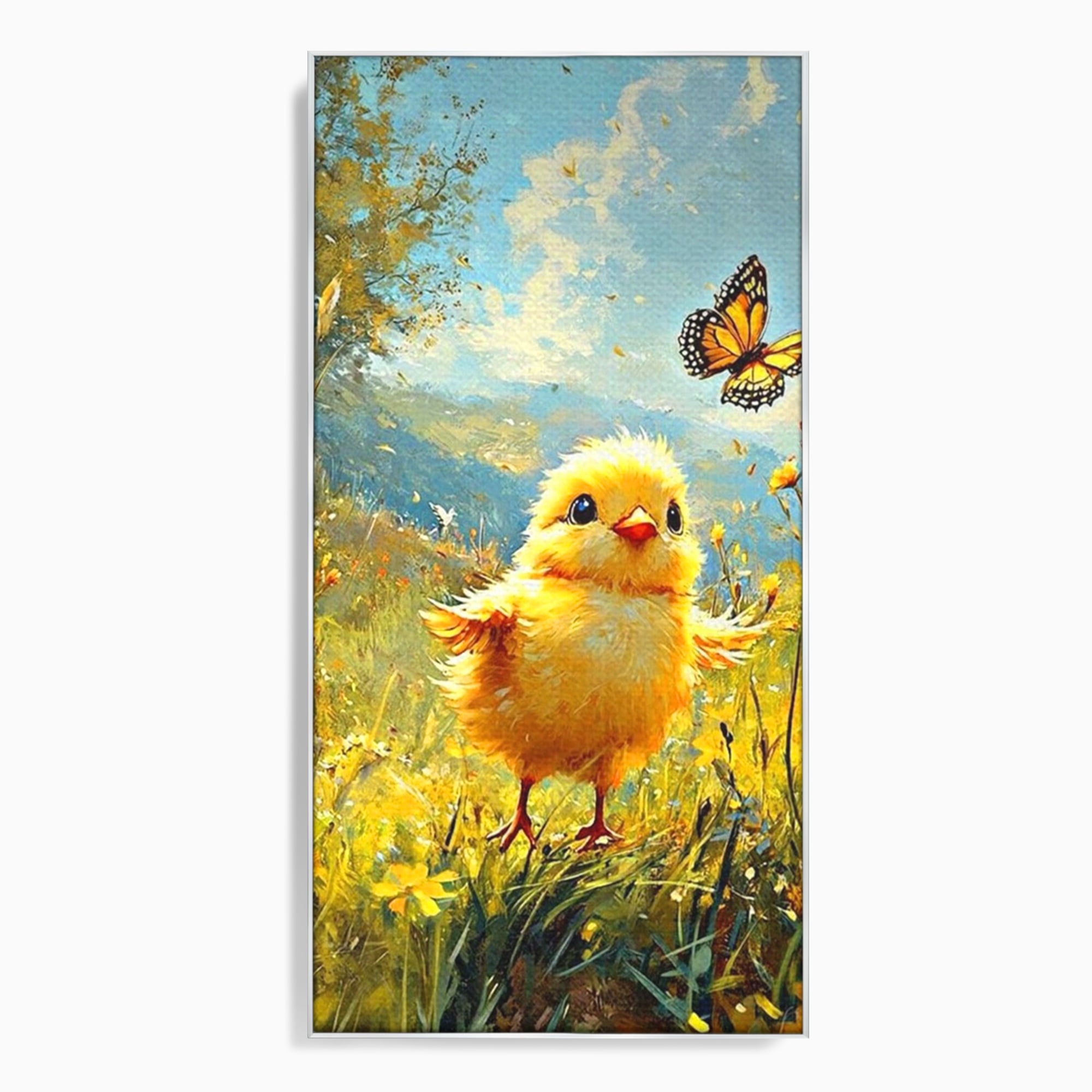 Tablou canvas cu tablou canvas cu pui de pasare si fluture, in rama de aluminiu argintiu