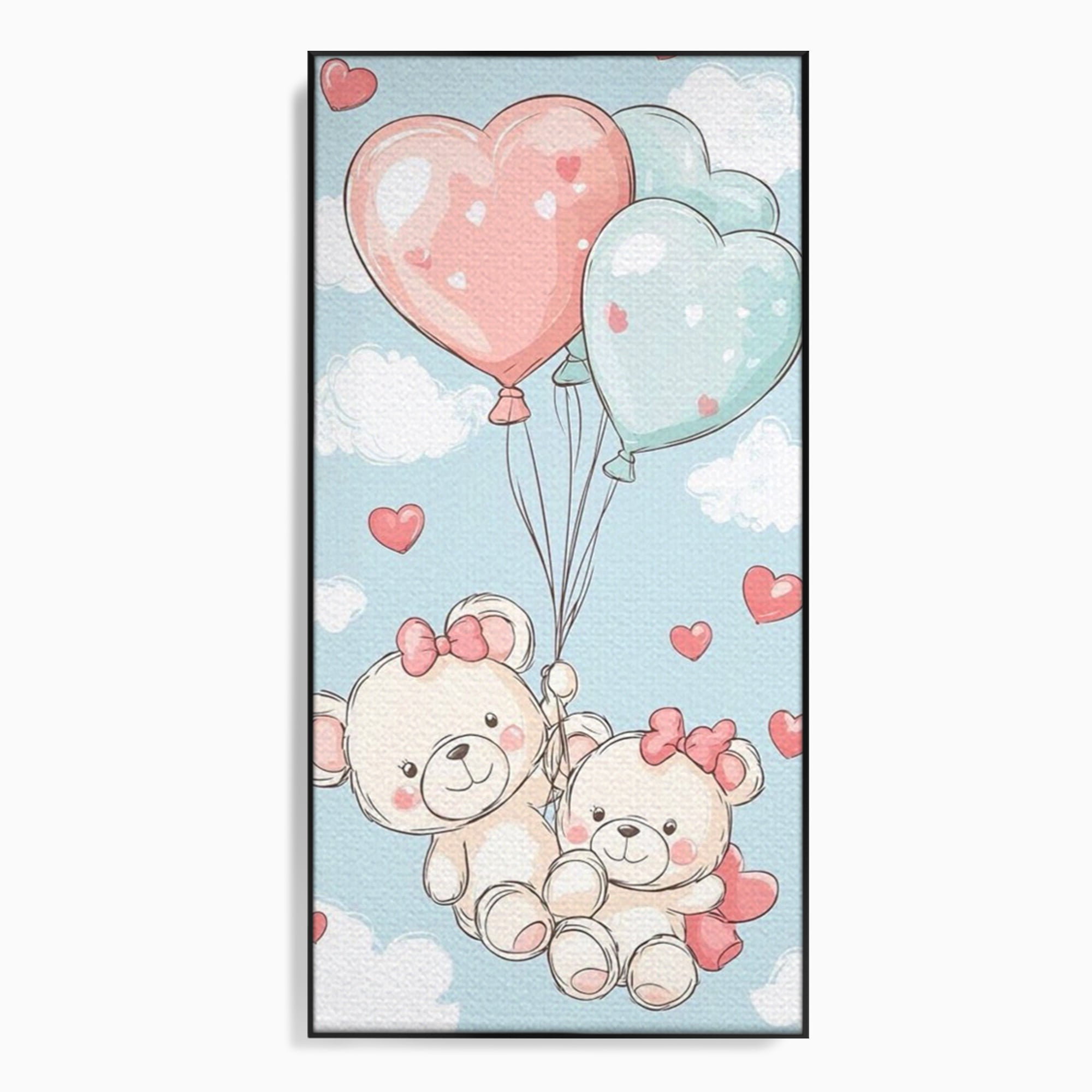 Tablou canvas cu ilustratie cu ursuleti zburand cu baloane, in rama de aluminiu negru