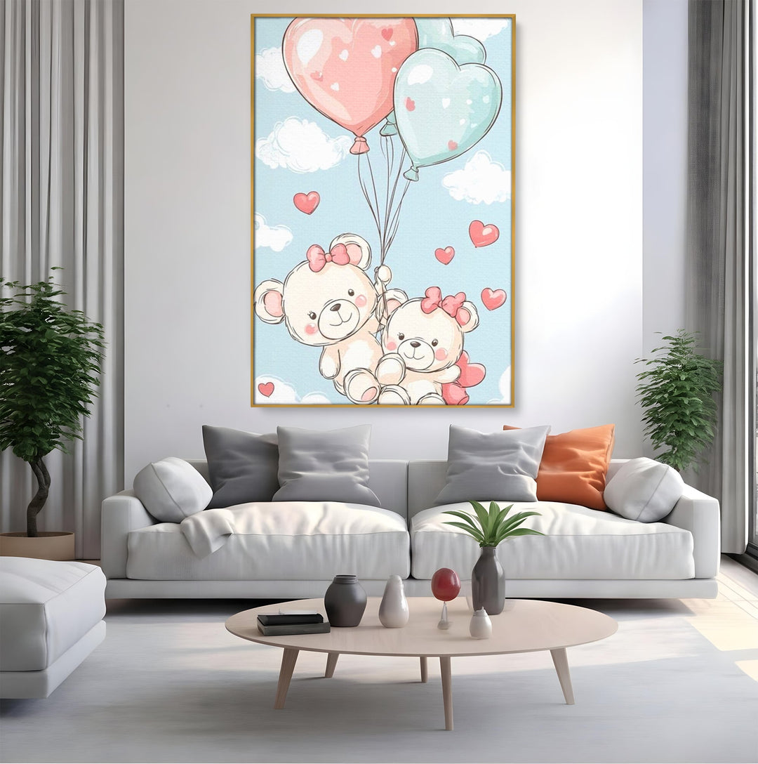 Tablou canvas cu ilustratie cu ursuleti zburand cu baloane, in rama de aluminiu auriu, pe perete intr-un living