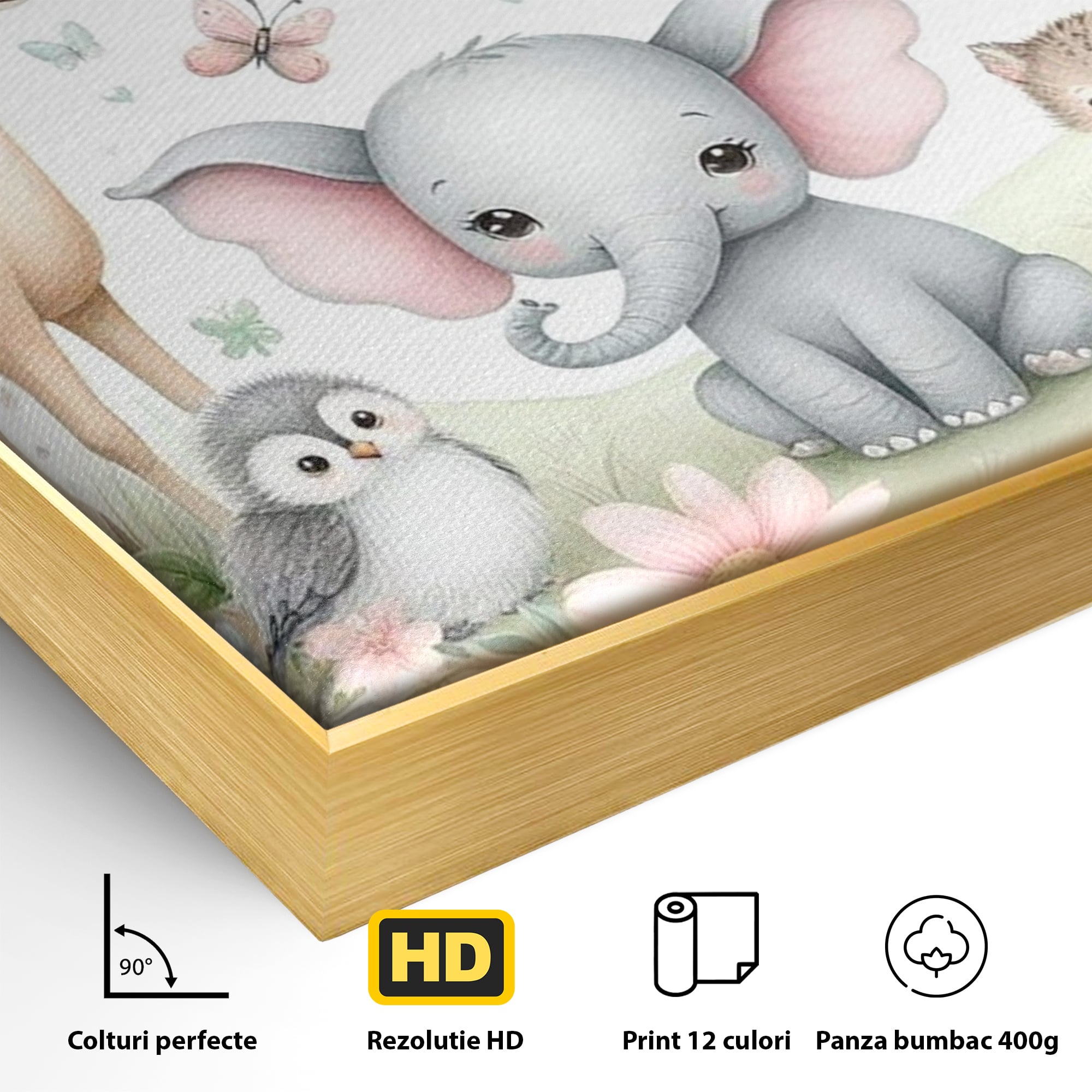 Detaliu al suprafetei: tablou canvas cu animale si flori, in rama de aluminiu auriu