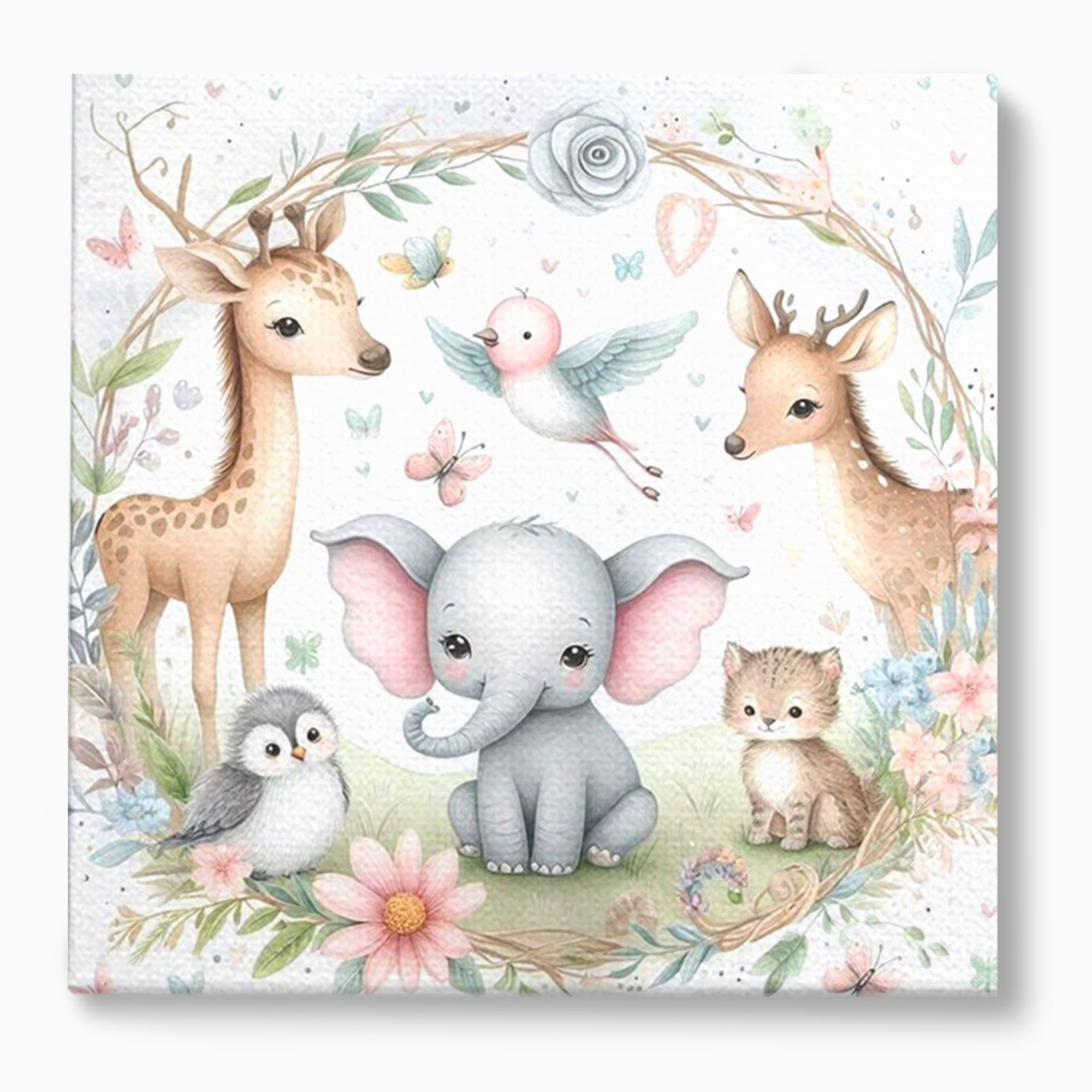Tablou canvas cu tablou canvas cu animale si flori, fara rama, pe sasiu de lemn
