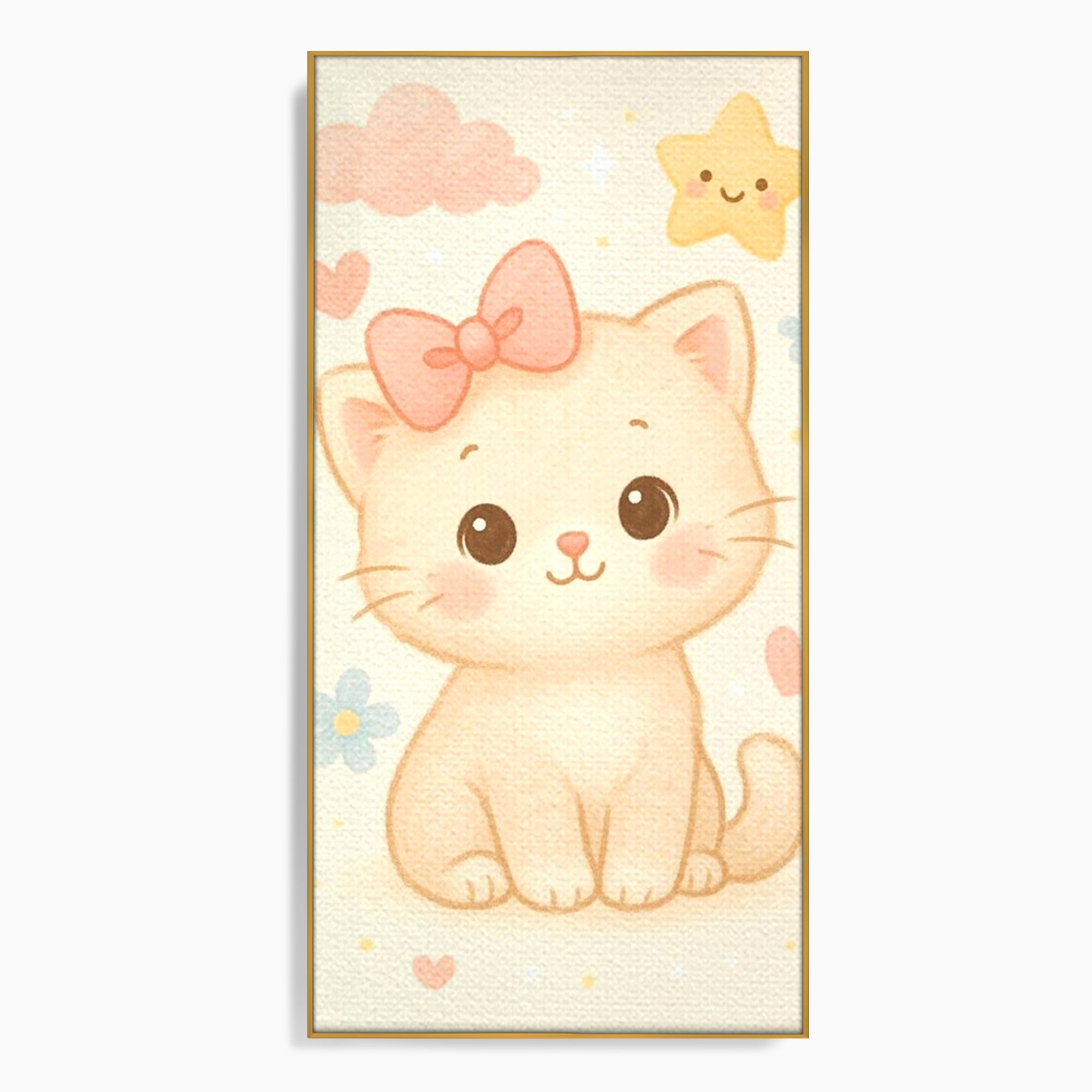 Tablou canvas cu ilustratie cu pisicuta roz si steluta, in rama de aluminiu auriu