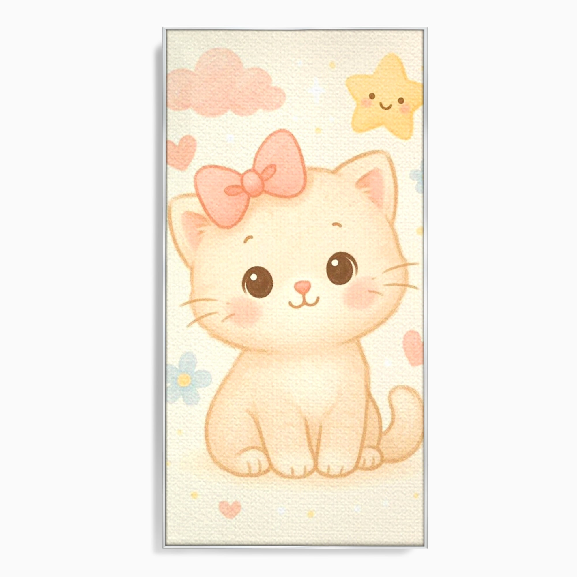 Tablou canvas cu ilustratie cu pisicuta roz si steluta, in rama de aluminiu argintiu
