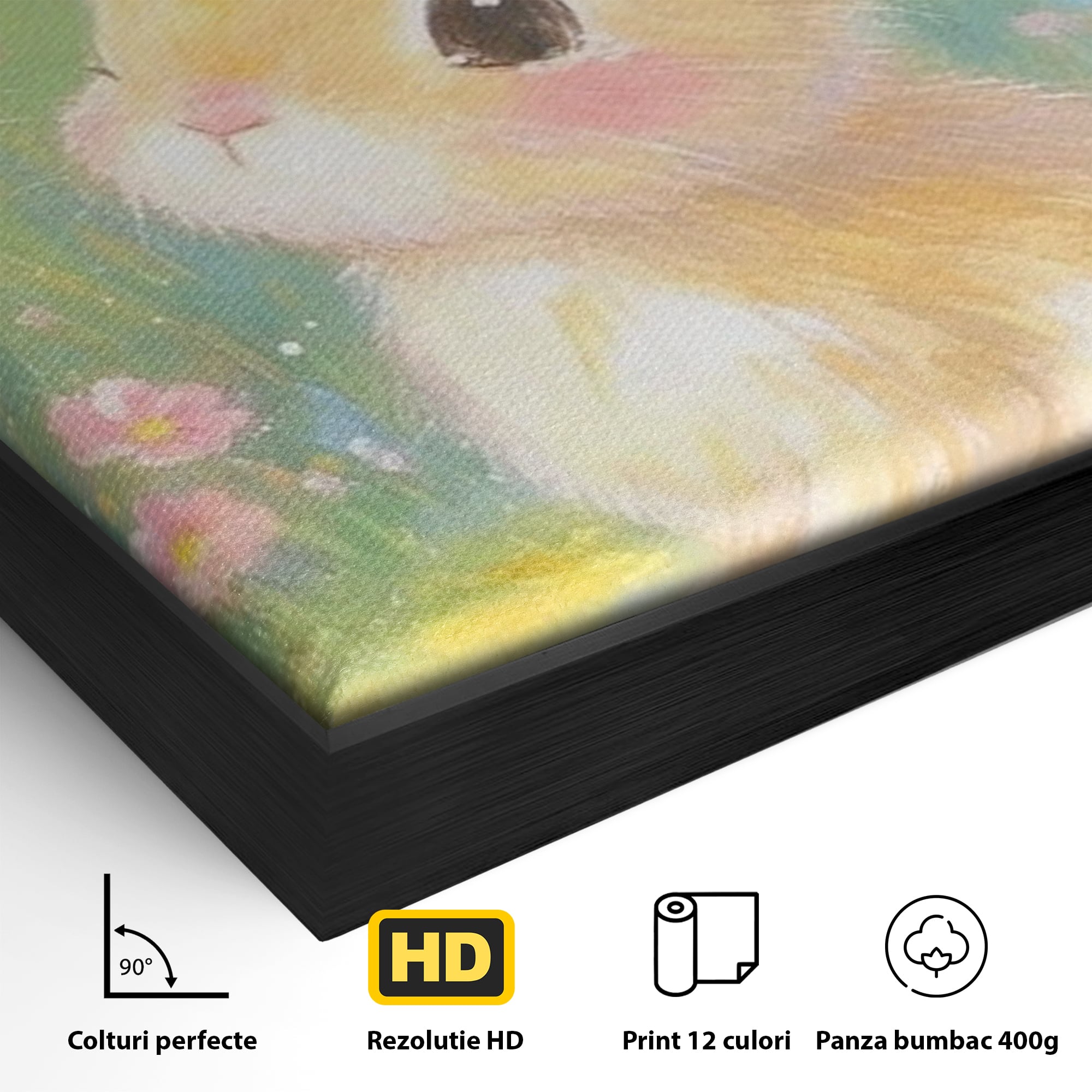 Detaliu al suprafetei: tablou canvas cu iepuras printre flori, in rama de aluminiu negru