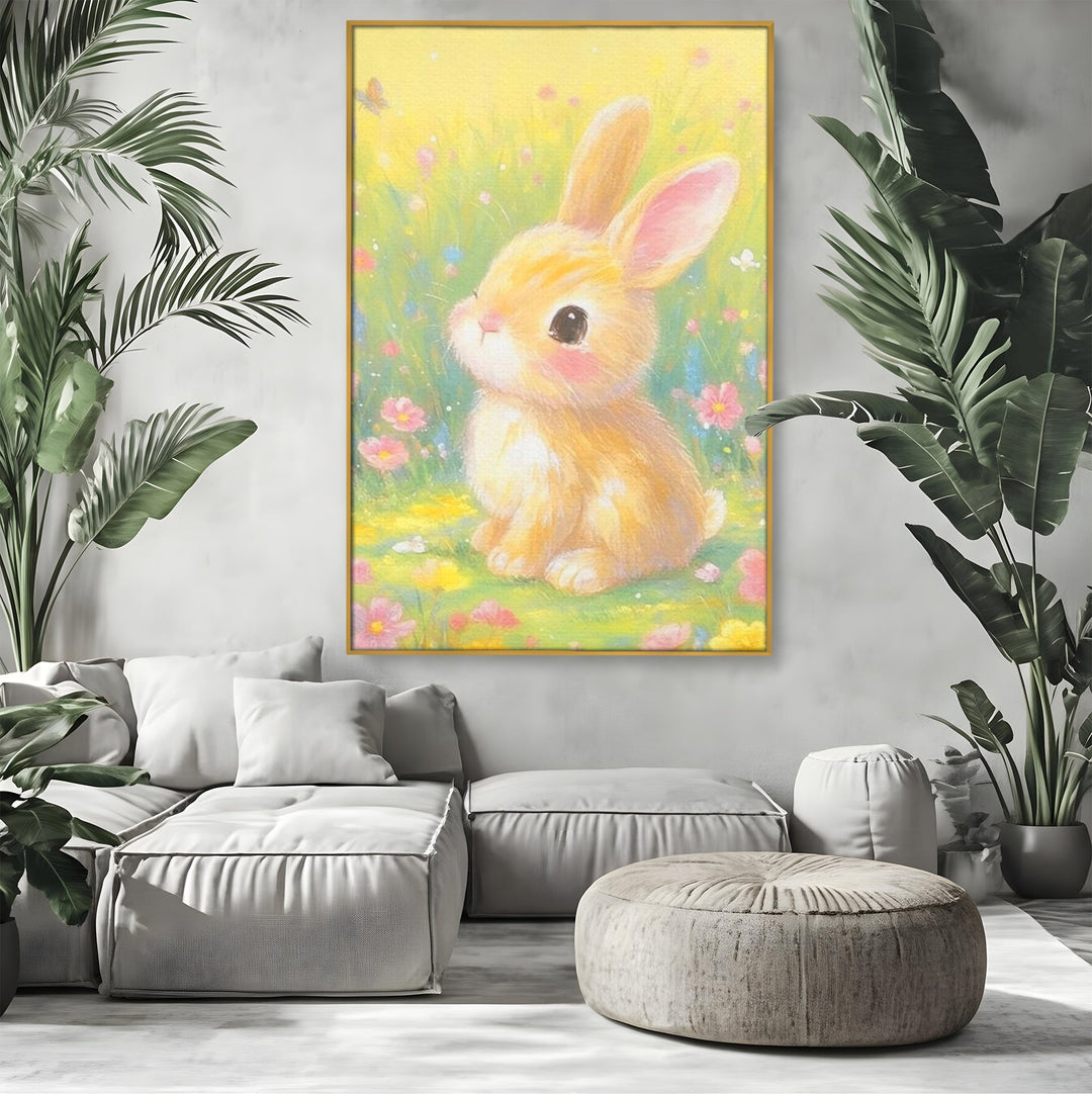 Tablou canvas cu tablou canvas cu iepuras printre flori, in rama de aluminiu auriu, pe perete intr-un living
