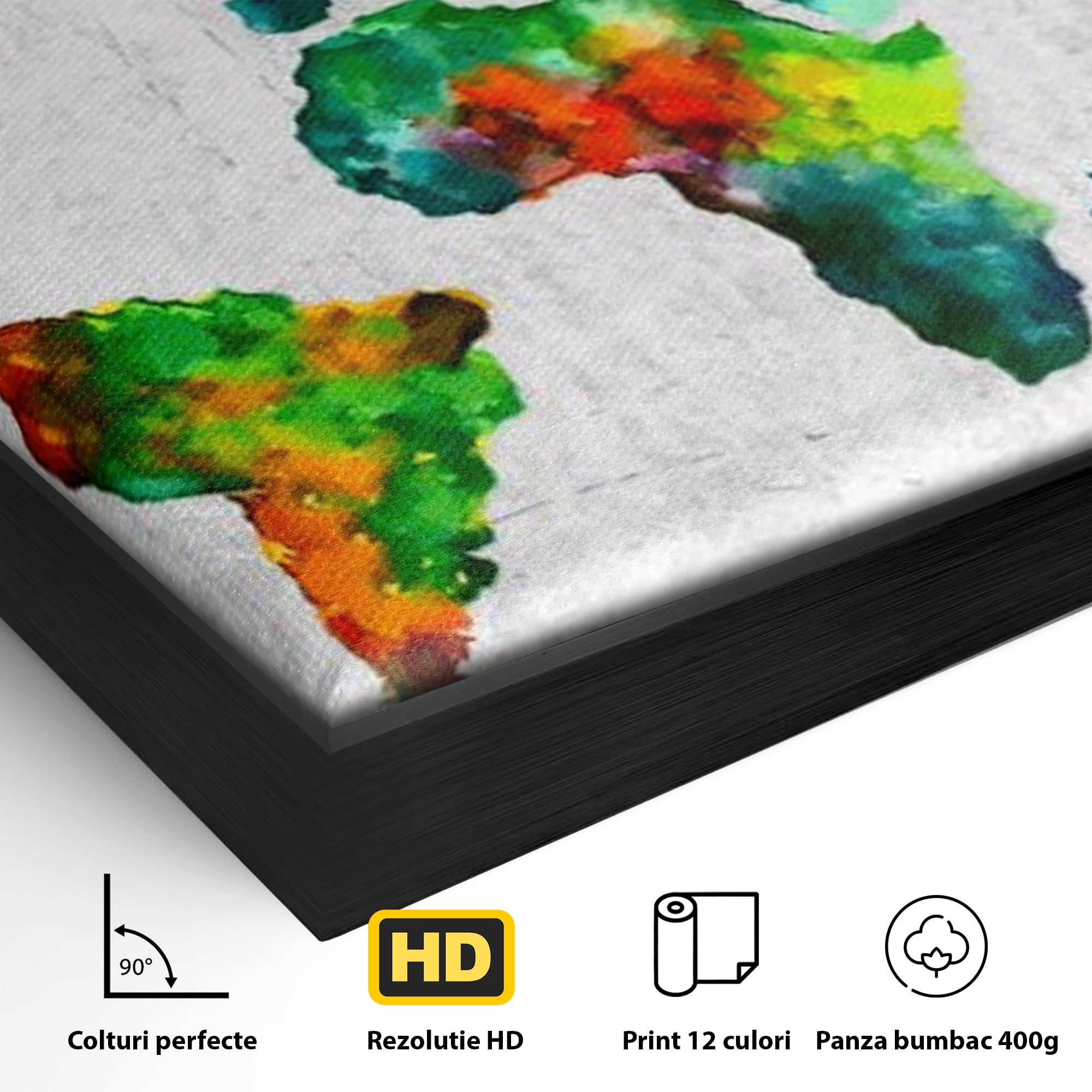 Detaliu al suprafetei: tablou canvas cu harta lumii pictata in culori vibrante, in rama de aluminiu negru