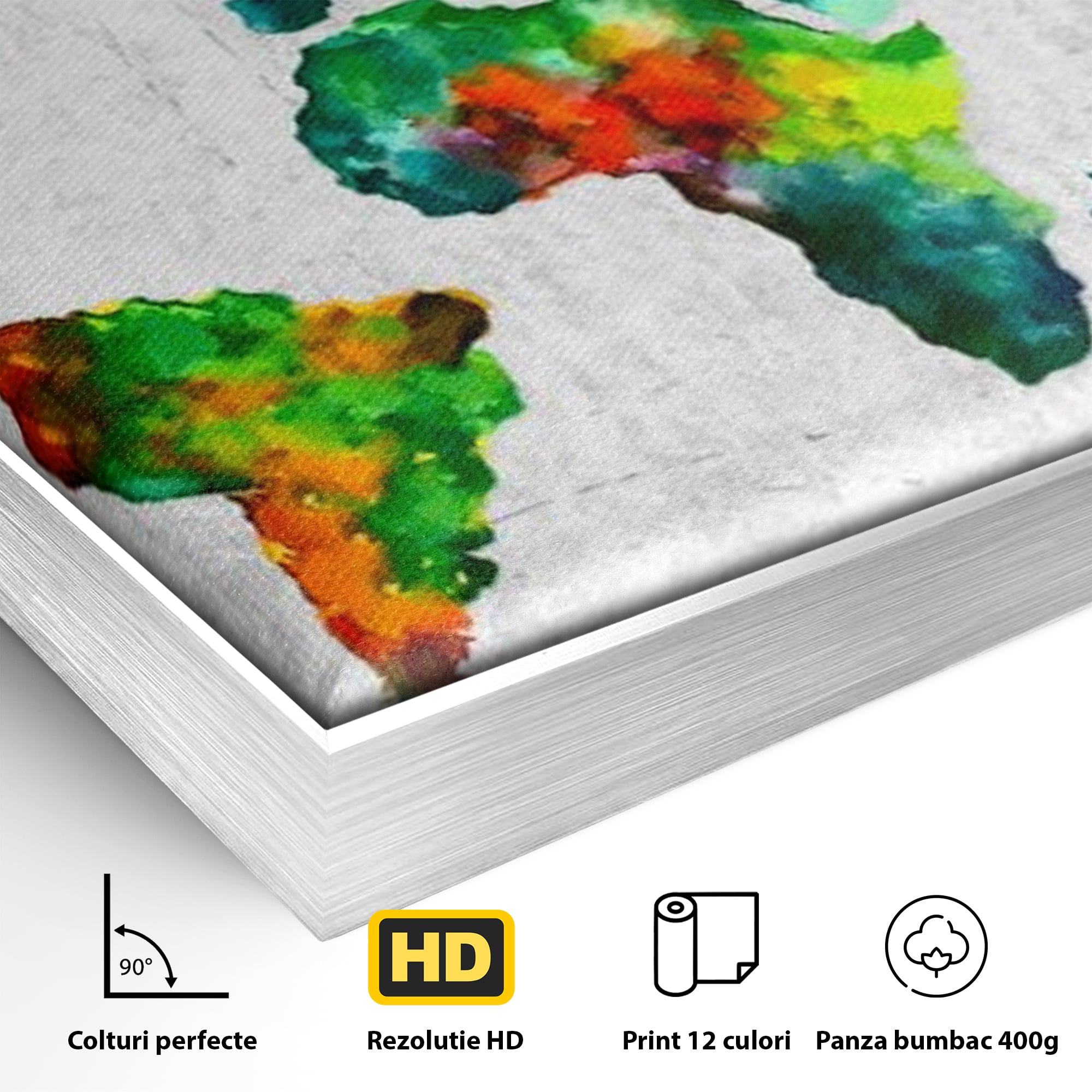Detaliu al suprafetei: tablou canvas cu harta lumii pictata in culori vibrante, in rama de aluminiu argintiu