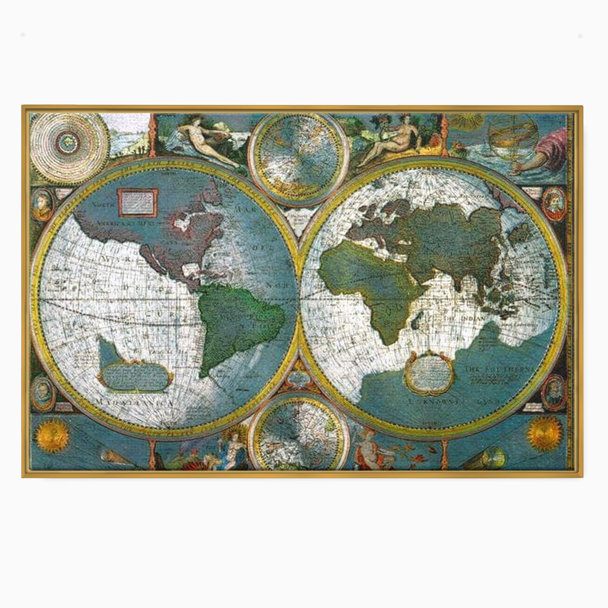Tablou canvas cu harta veche a lumii cu doua emisfere, in rama de aluminiu auriu