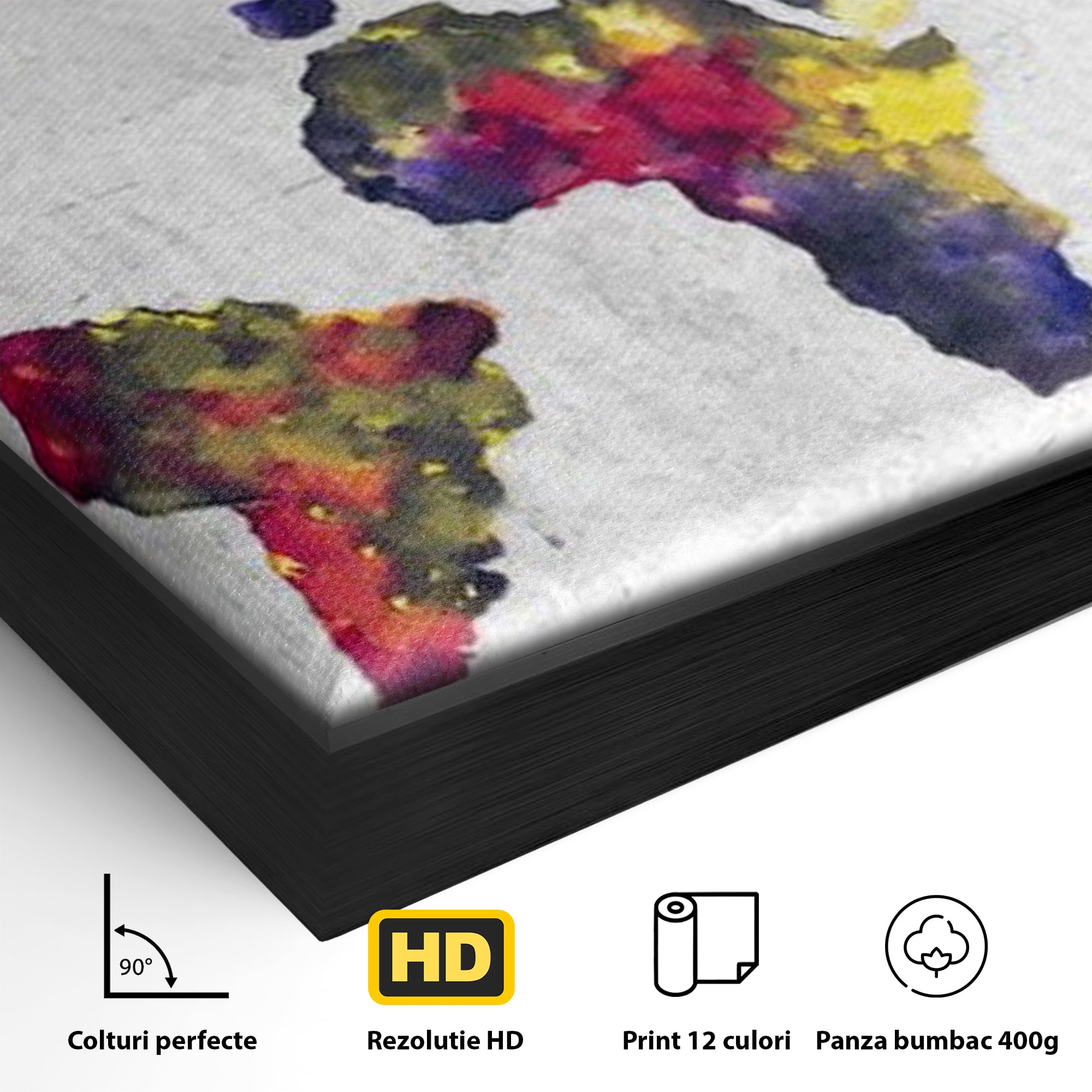 Detaliu al suprafetei: tablou canvas cu harta lumii in acuarela, in rama de aluminiu negru