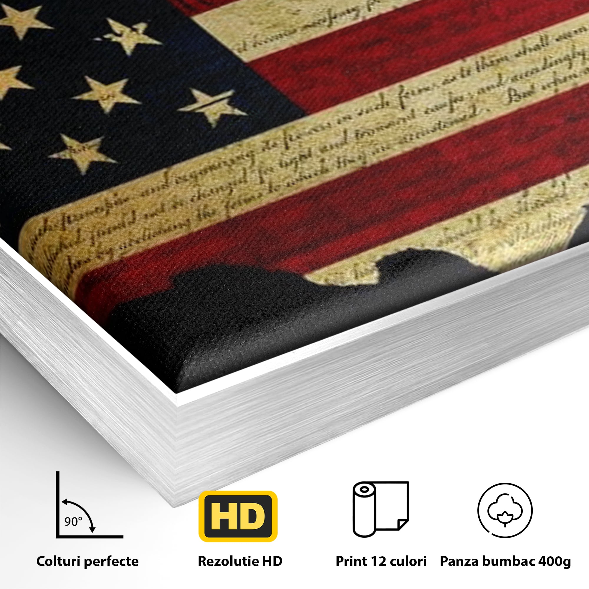 Detaliu al suprafetei: tablou canvas cu harta statelor unite si steagul american, in rama de aluminiu argintiu