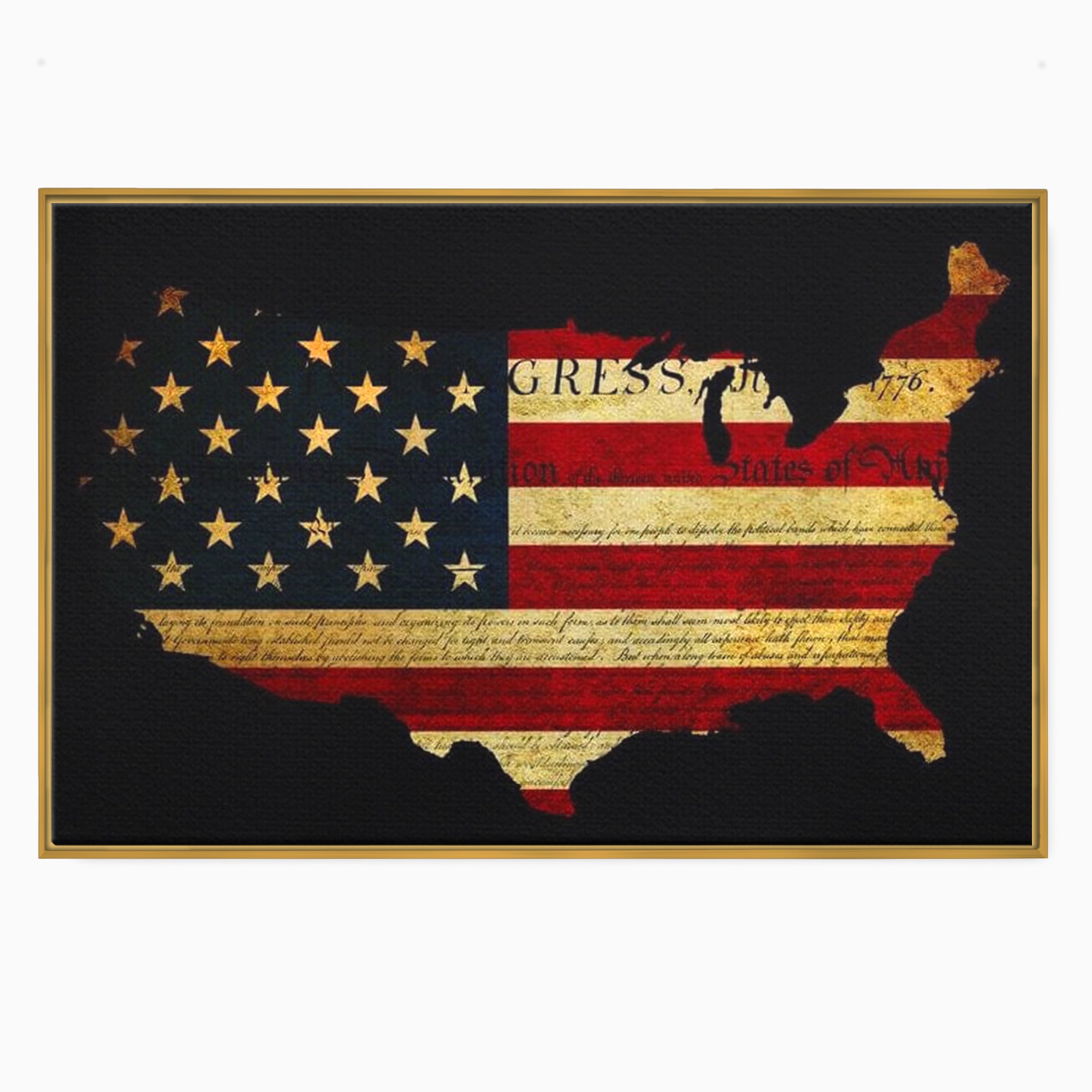 Tablou canvas cu tablou canvas cu harta statelor unite si steagul american, in rama de aluminiu auriu