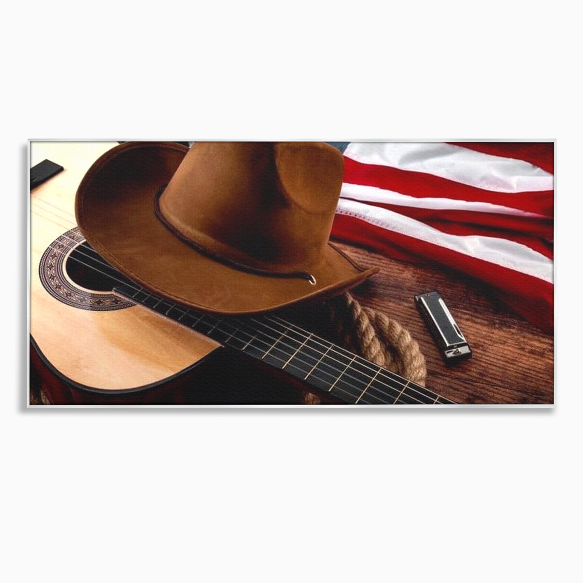 Tablou canvas cu tablou canvas cu palarie, chitara si drapel american, in rama de aluminiu argintiu
