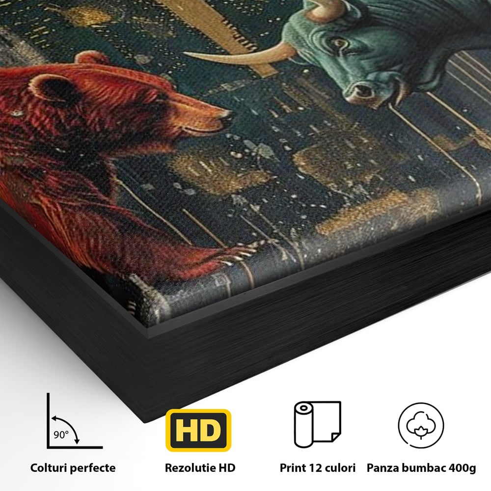 Detaliu al suprafetei: tablou canvas cu taur si urs, in rama de aluminiu negru