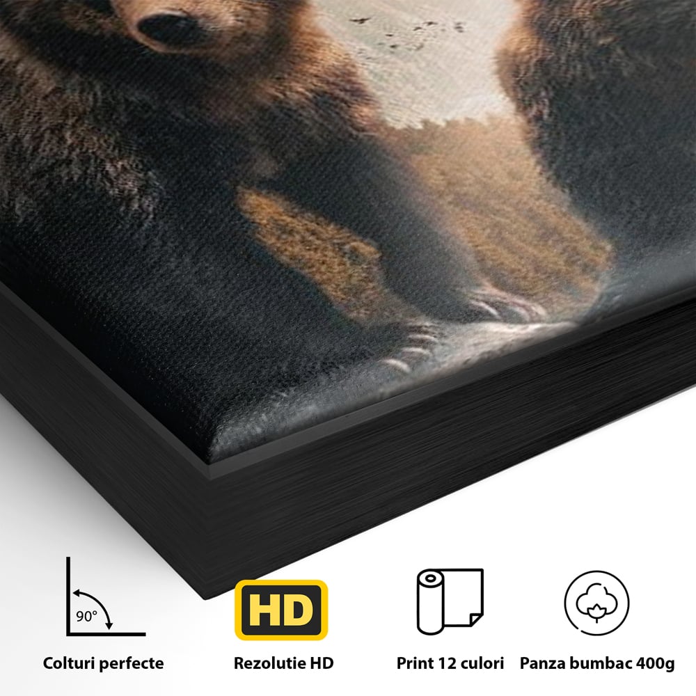 Detaliu al suprafetei: tablou canvas cu doi ursi pe stanca, in rama de aluminiu negru