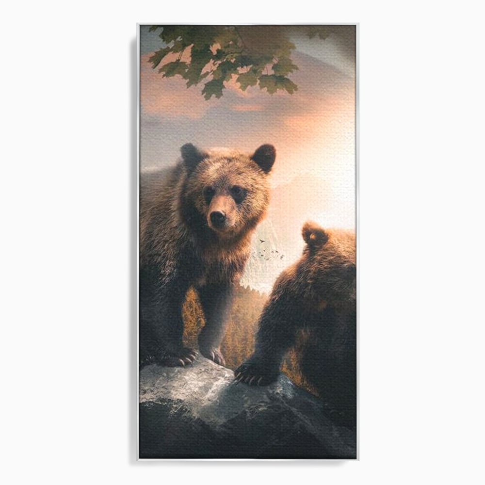 Tablou canvas cu tablou canvas cu doi ursi pe stanca, in rama de aluminiu argintiu