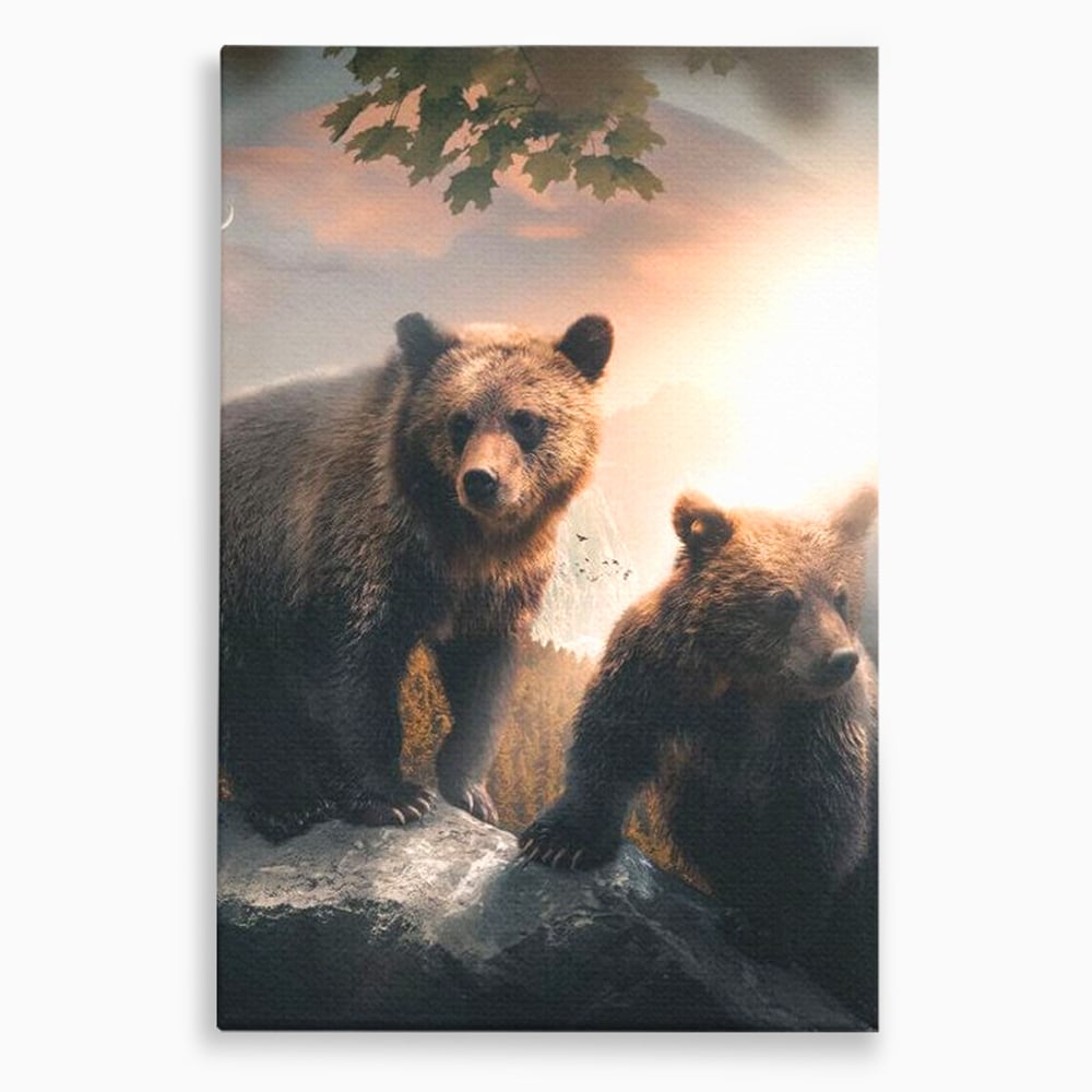 Tablou canvas cu tablou canvas cu doi ursi pe stanca, fara rama, pe sasiu de lemn