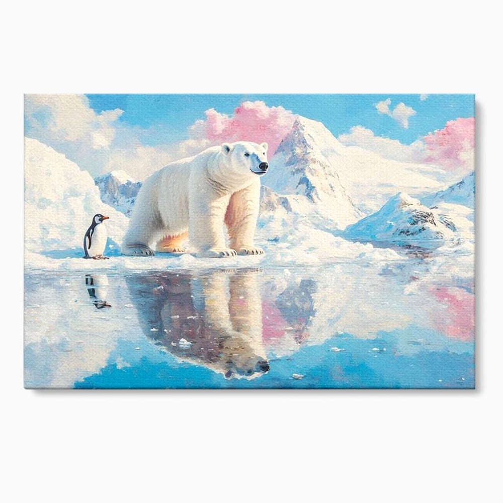Tablou canvas cu tablou cu urs polar si pinguin pe ghetar, fara rama, pe sasiu de lemn