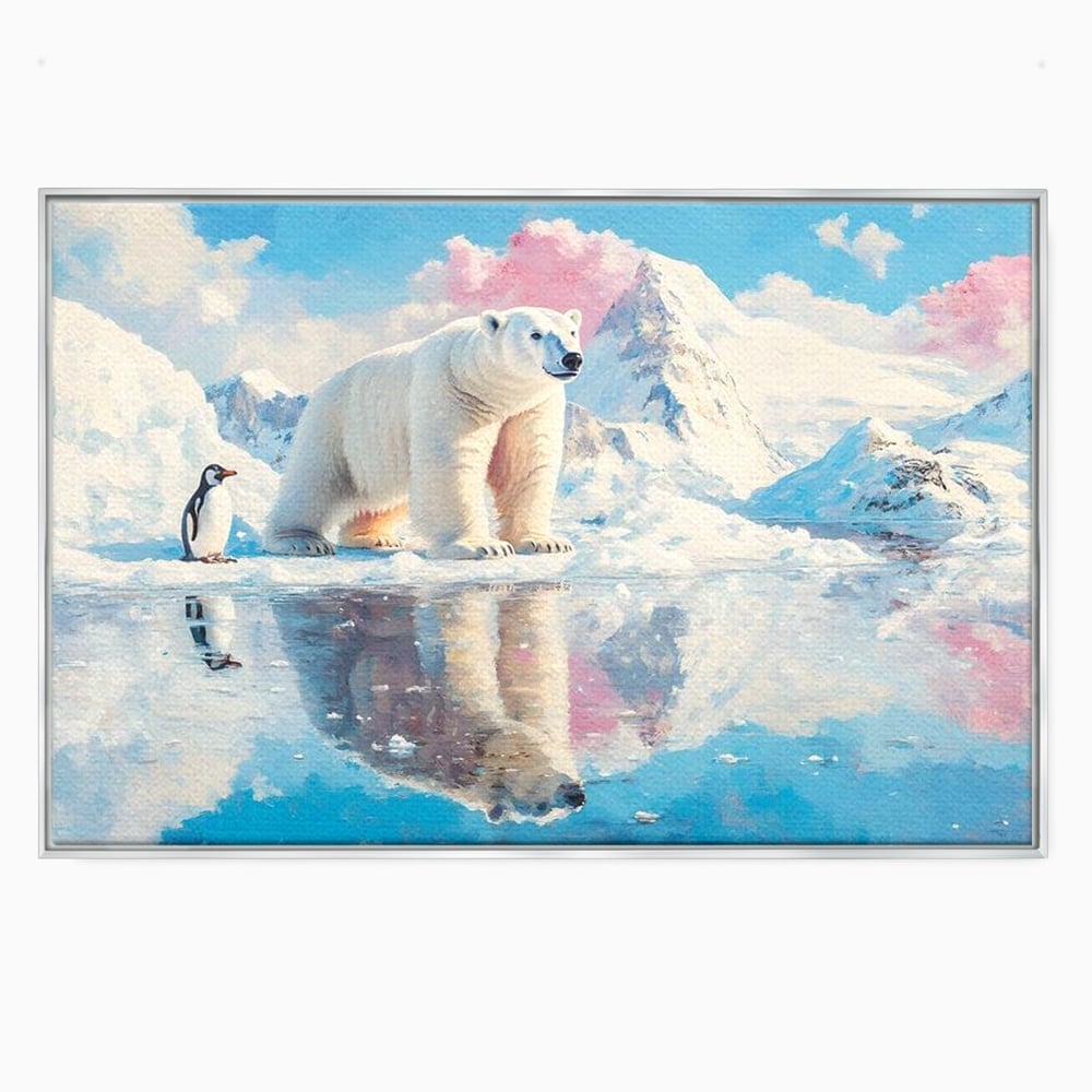 Tablou canvas cu tablou cu urs polar si pinguin pe ghetar, in rama de aluminiu argintiu