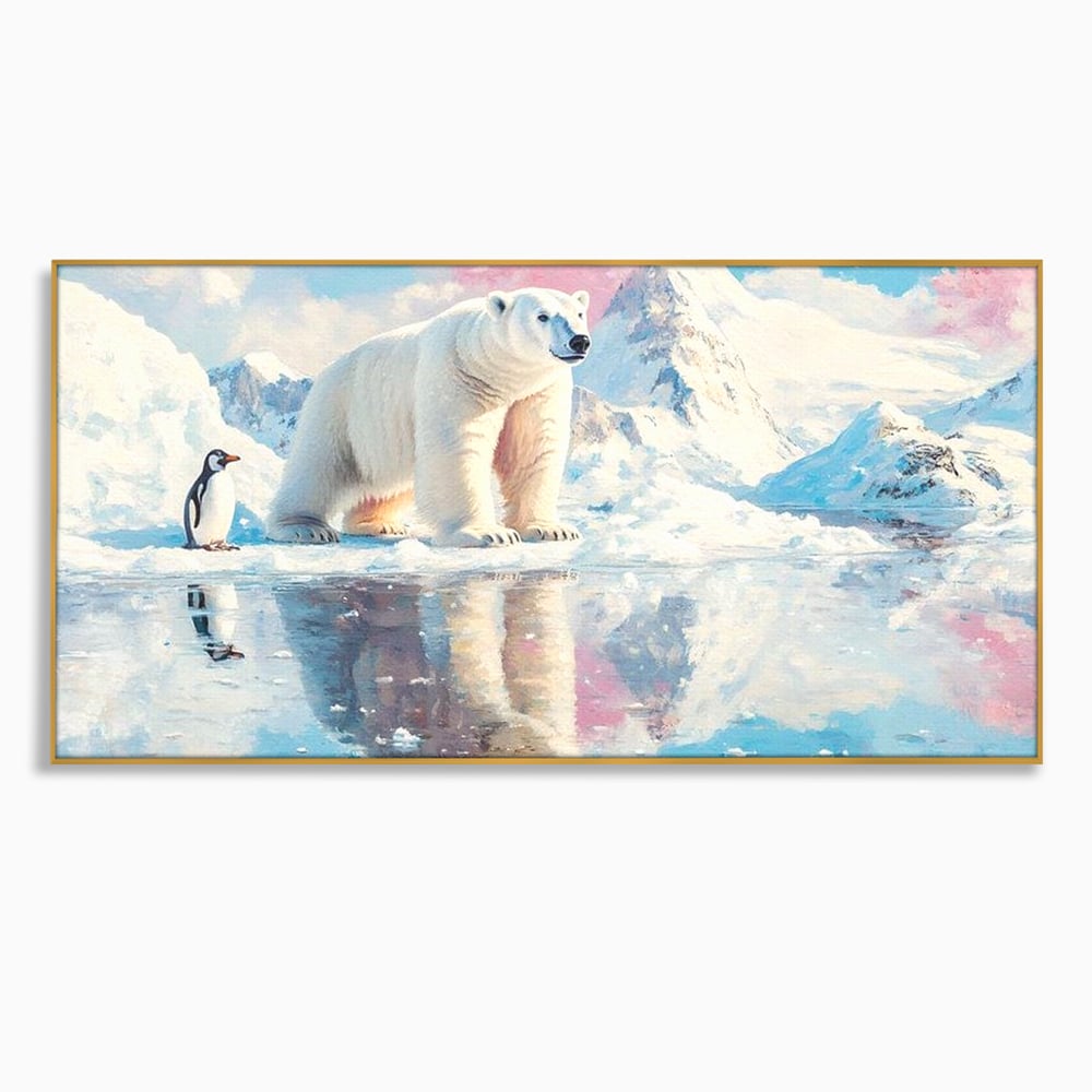 Tablou canvas cu tablou cu urs polar si pinguin pe ghetar, in rama de aluminiu auriu