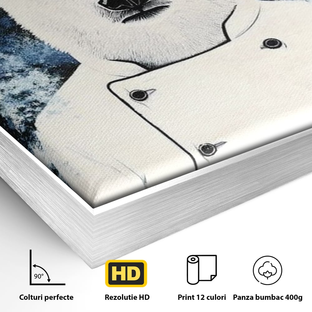Detaliu al suprafetei: tablou canvas cu urs polar bucatar, in rama de aluminiu argintiu