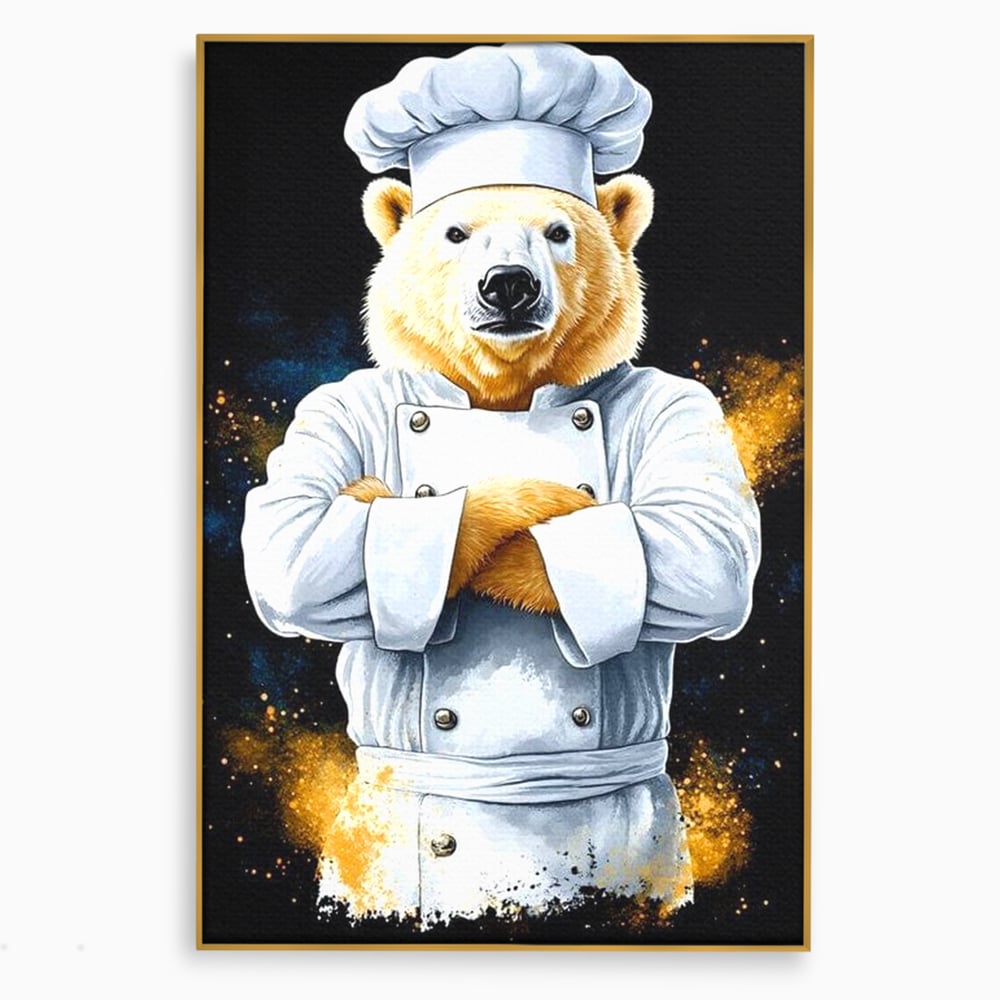 Tablou canvas cu ilustratie urs polar bucatar, in rama de aluminiu auriu