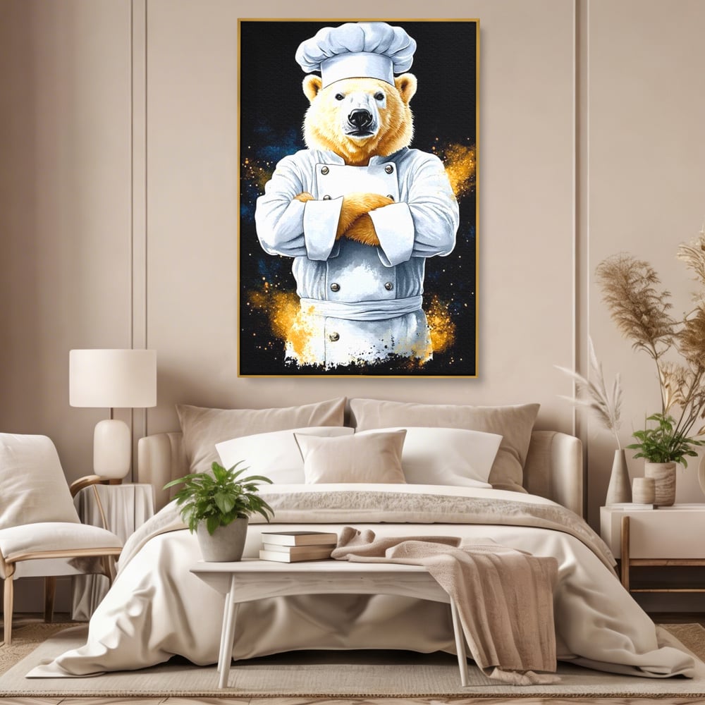 Tablou canvas cu ilustratie urs polar bucatar, in rama de aluminiu auriu, pe perete intr-un dormitor