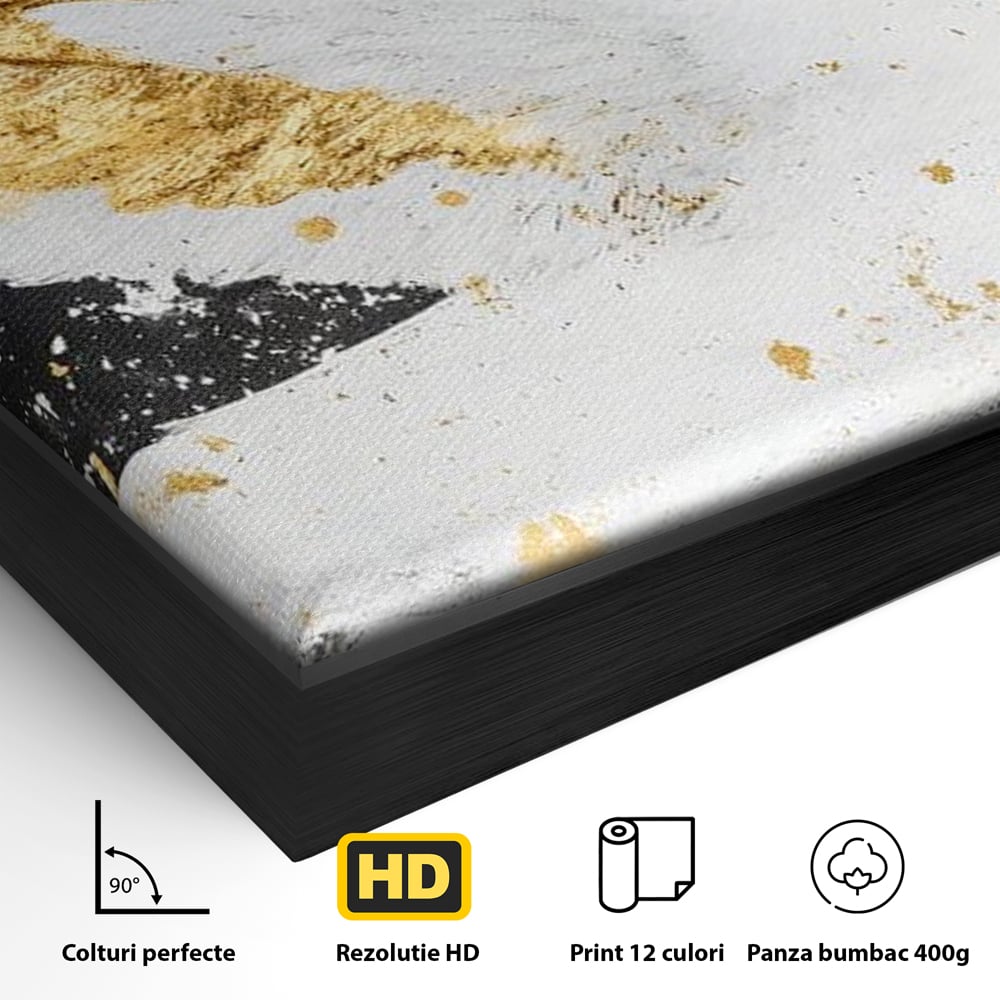 Detaliu al suprafetei: tablou canvas cu lebada si auriu, in rama de aluminiu negru