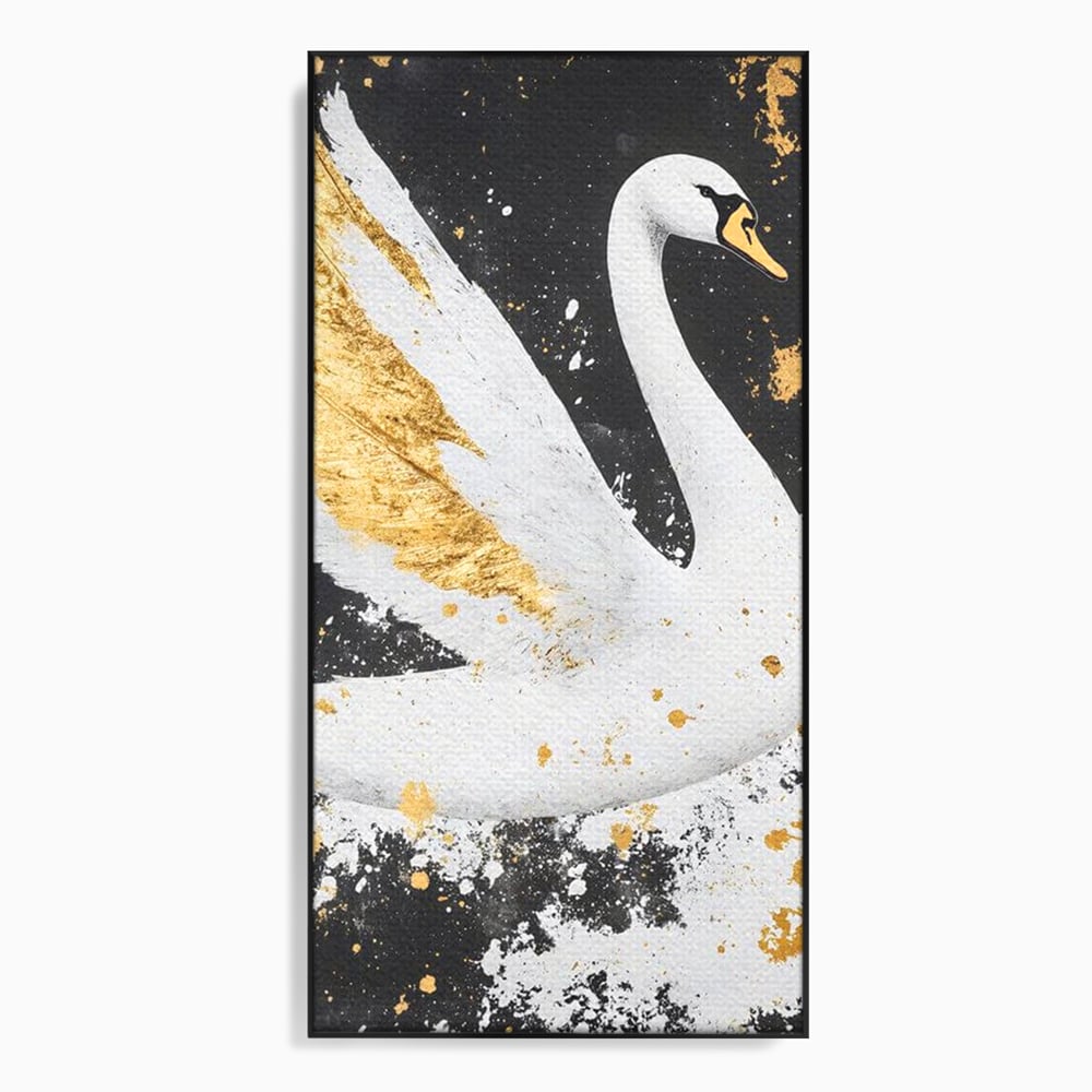 Tablou canvas cu tablou canvas cu lebada si auriu, in rama de aluminiu negru