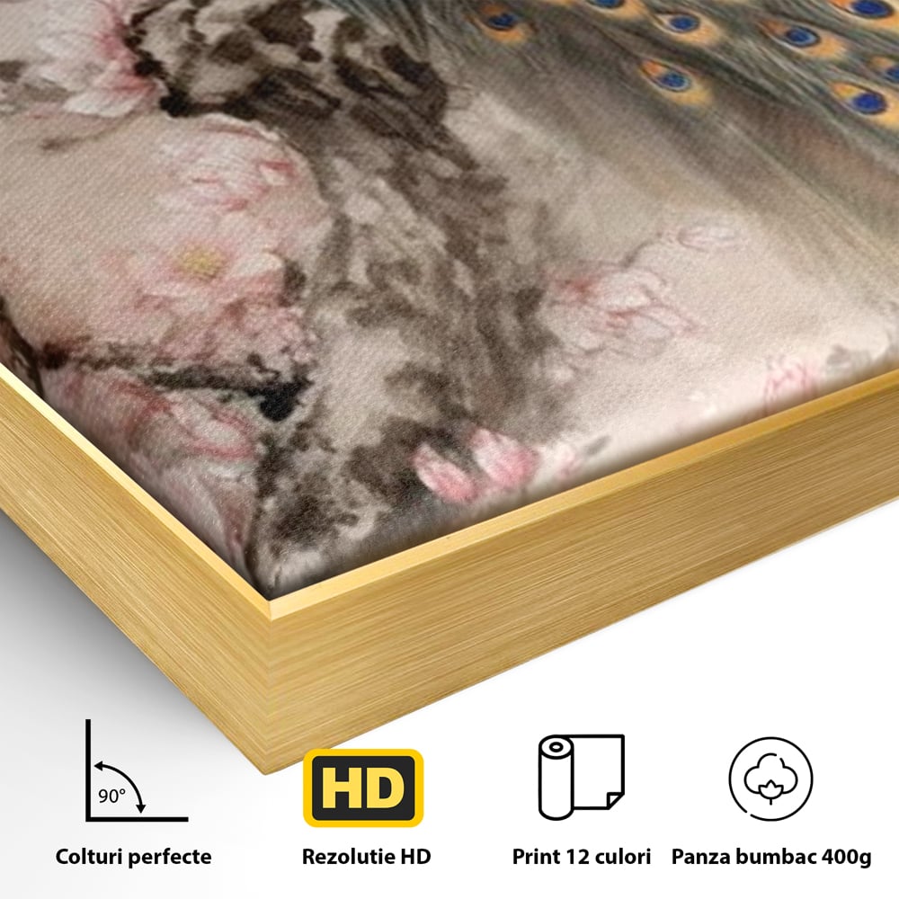 Detaliu al suprafetei: tablou canvas cu paun si flori, in rama de aluminiu auriu