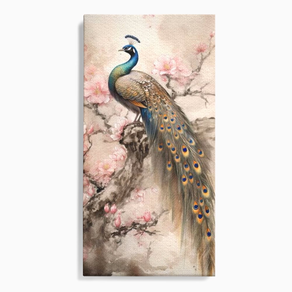 Tablou canvas cu tablou canvas cu paun si flori, fara rama, pe sasiu de lemn